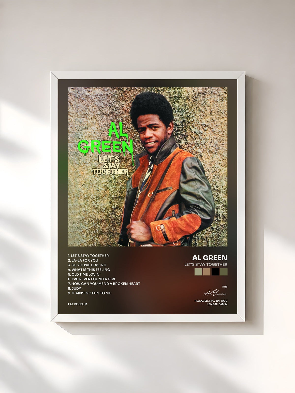 #blanc Tableau de l'album Let's Stay Together de Al Green, cadre blanc, imprimé et encadré en France