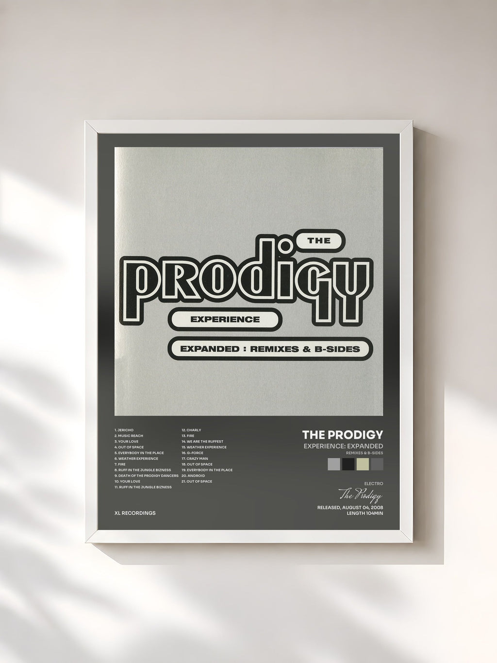 #blanc Tableau de l'album Experience: Expanded (Remixes & B-sides) de The Prodigy, cadre blanc, imprimé et encadré en France