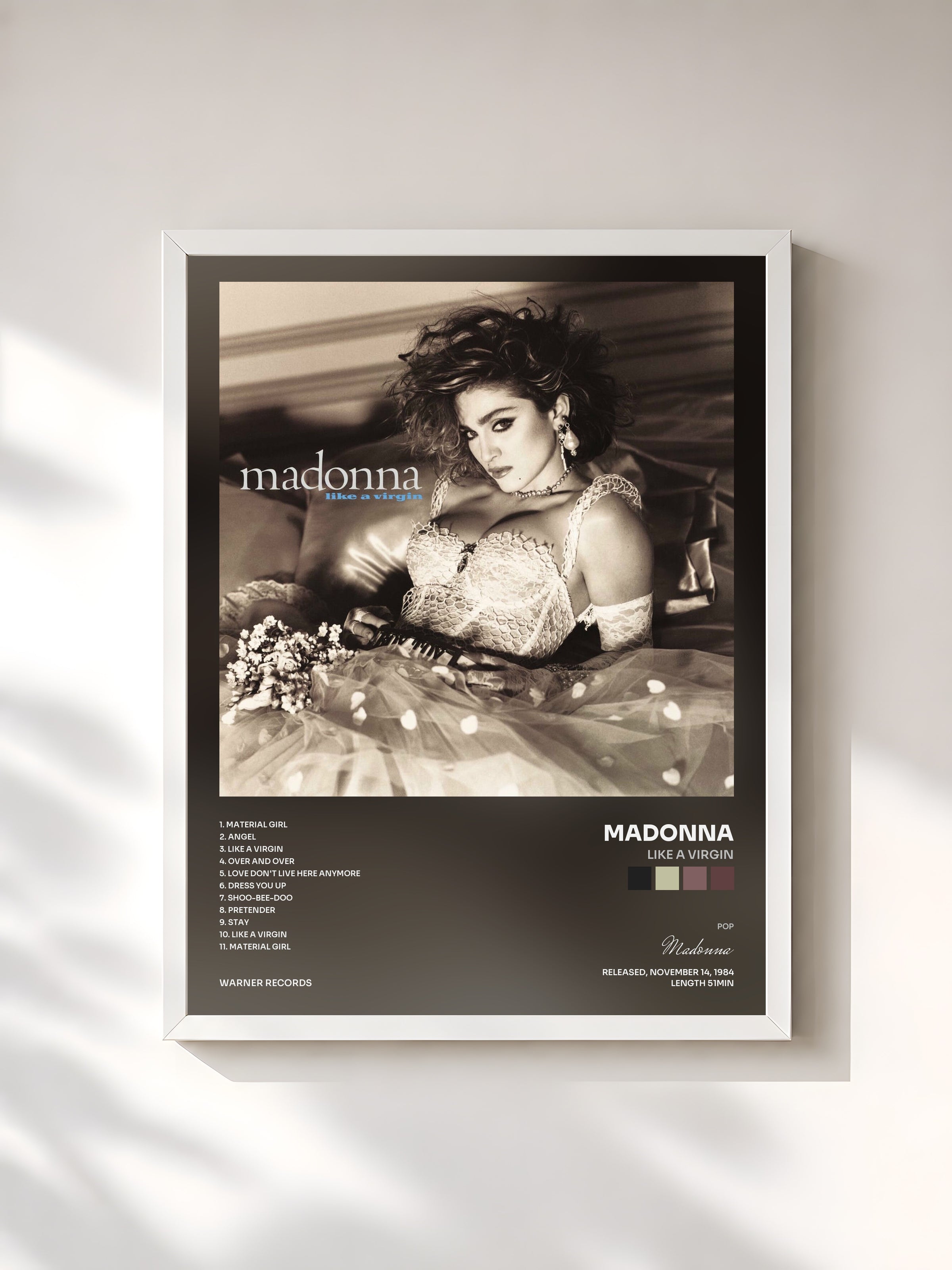 #blanc Like a Virgin by Madonna as a framed art print, white frame, printed and framed in France