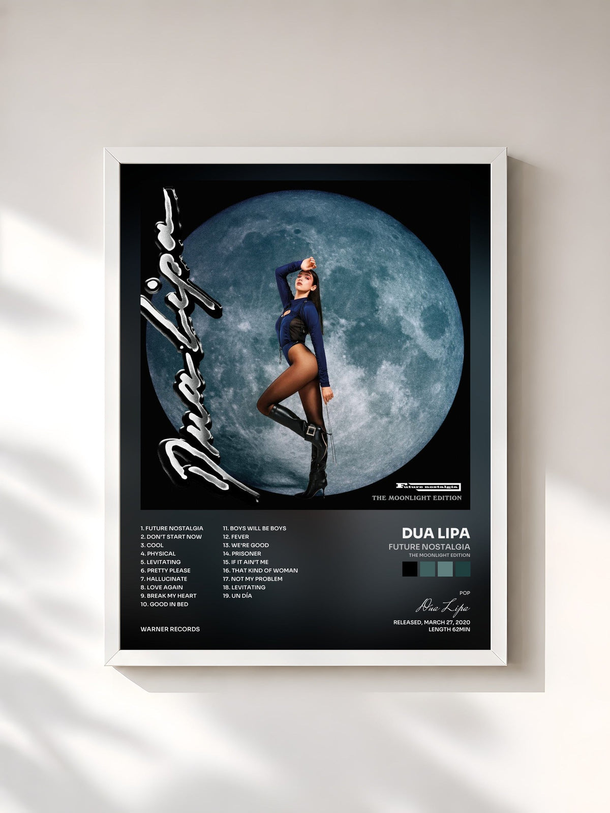 #blanc Tableau de l'album Future Nostalgia (The Moonlight Edition) de Dua Lipa, cadre blanc, imprimé et encadré en France