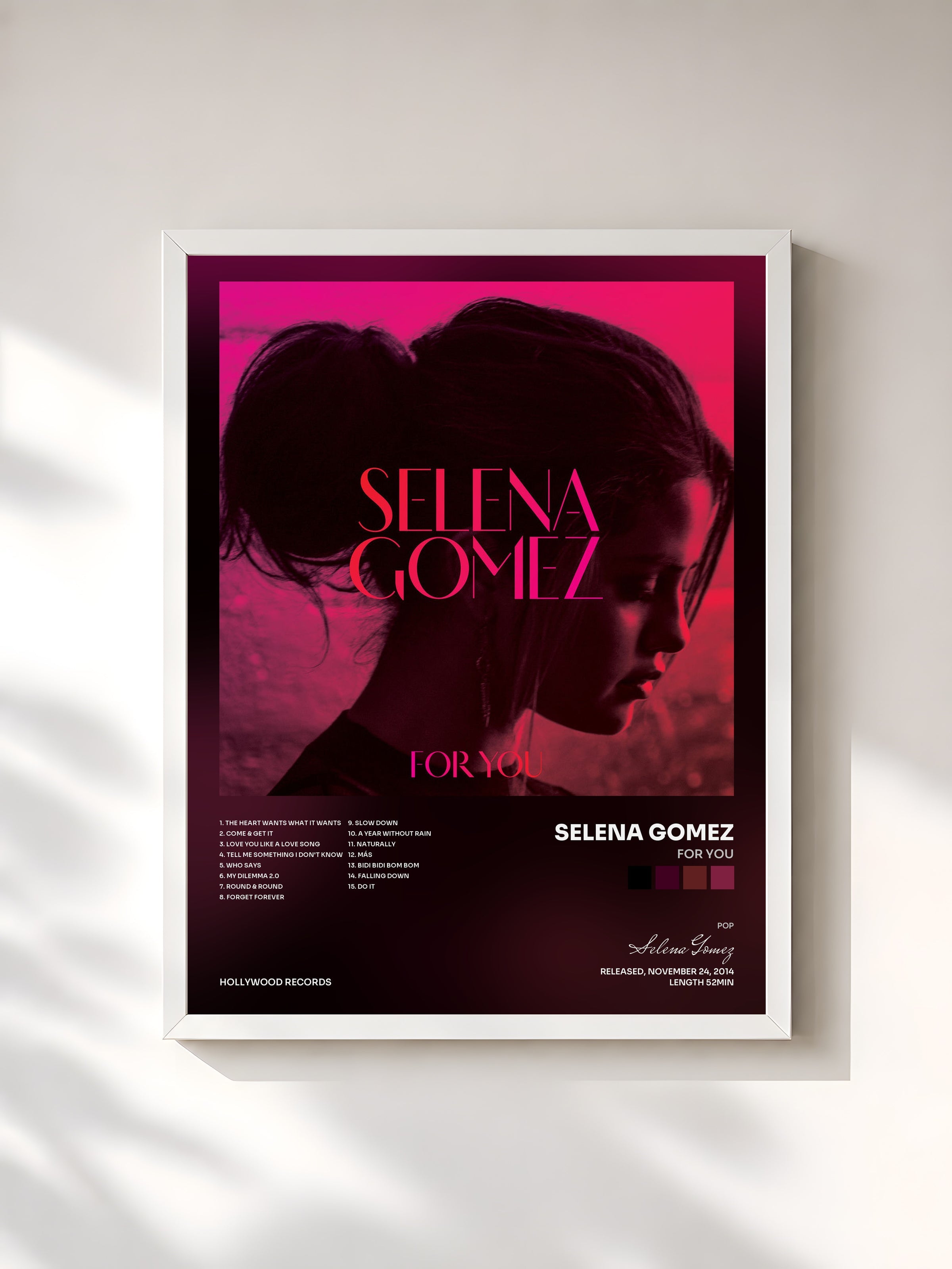 #blanc Tableau de l'album For You de Selena Gomez, cadre blanc, imprimé et encadré en France