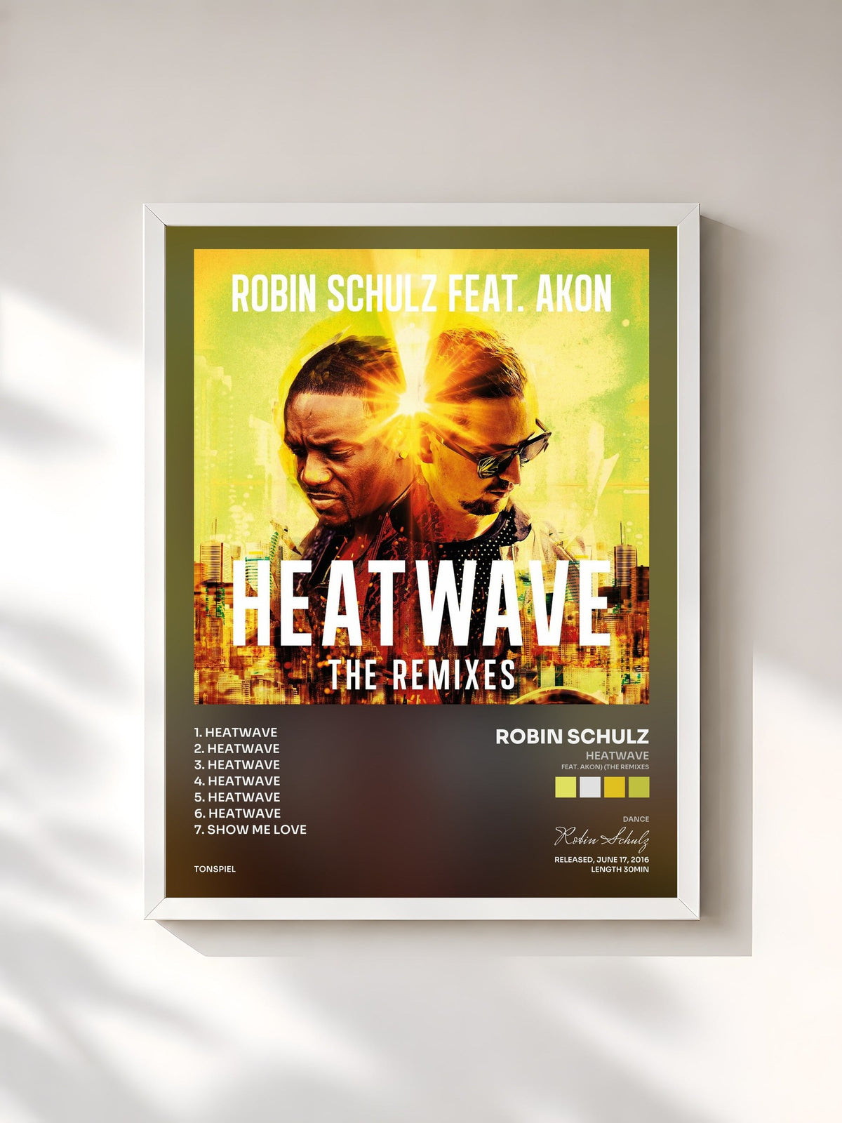 #blanc Tableau de l'album Heatwave (feat. Akon) (The Remixes) de Robin Schulz, cadre blanc, imprimé et encadré en France
