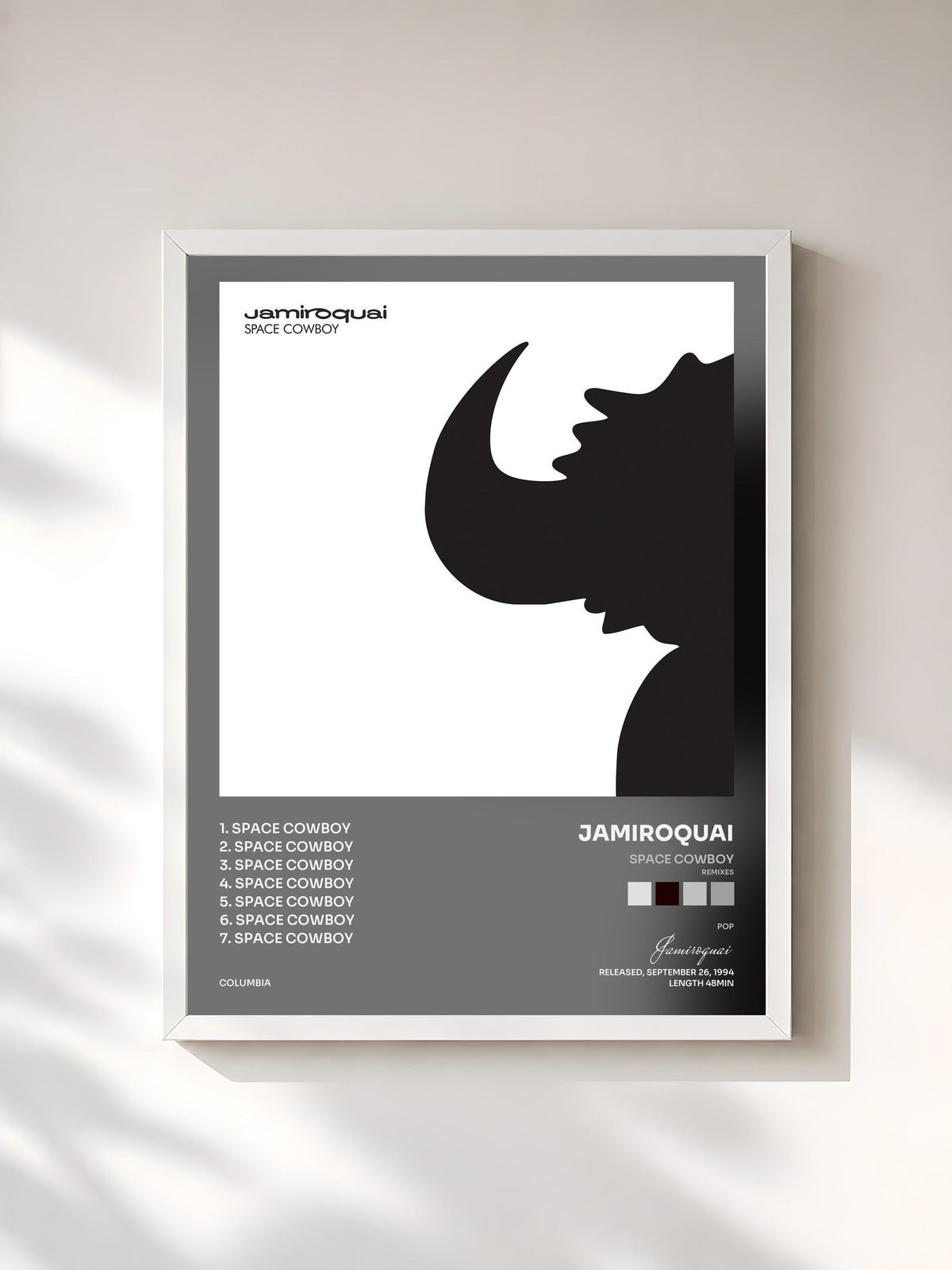 #blanc Space Cowboy (Remixes) de Jamiroquai en lámina enmarcada, marco blanco, impresa y enmarcada en Francia