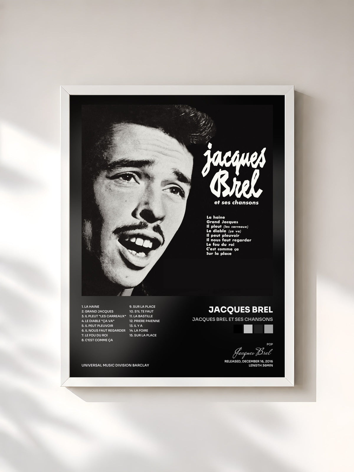 #blanc Tableau de l'album Jacques Brel et ses chansons de Jacques Brel, cadre blanc, imprimé et encadré en France