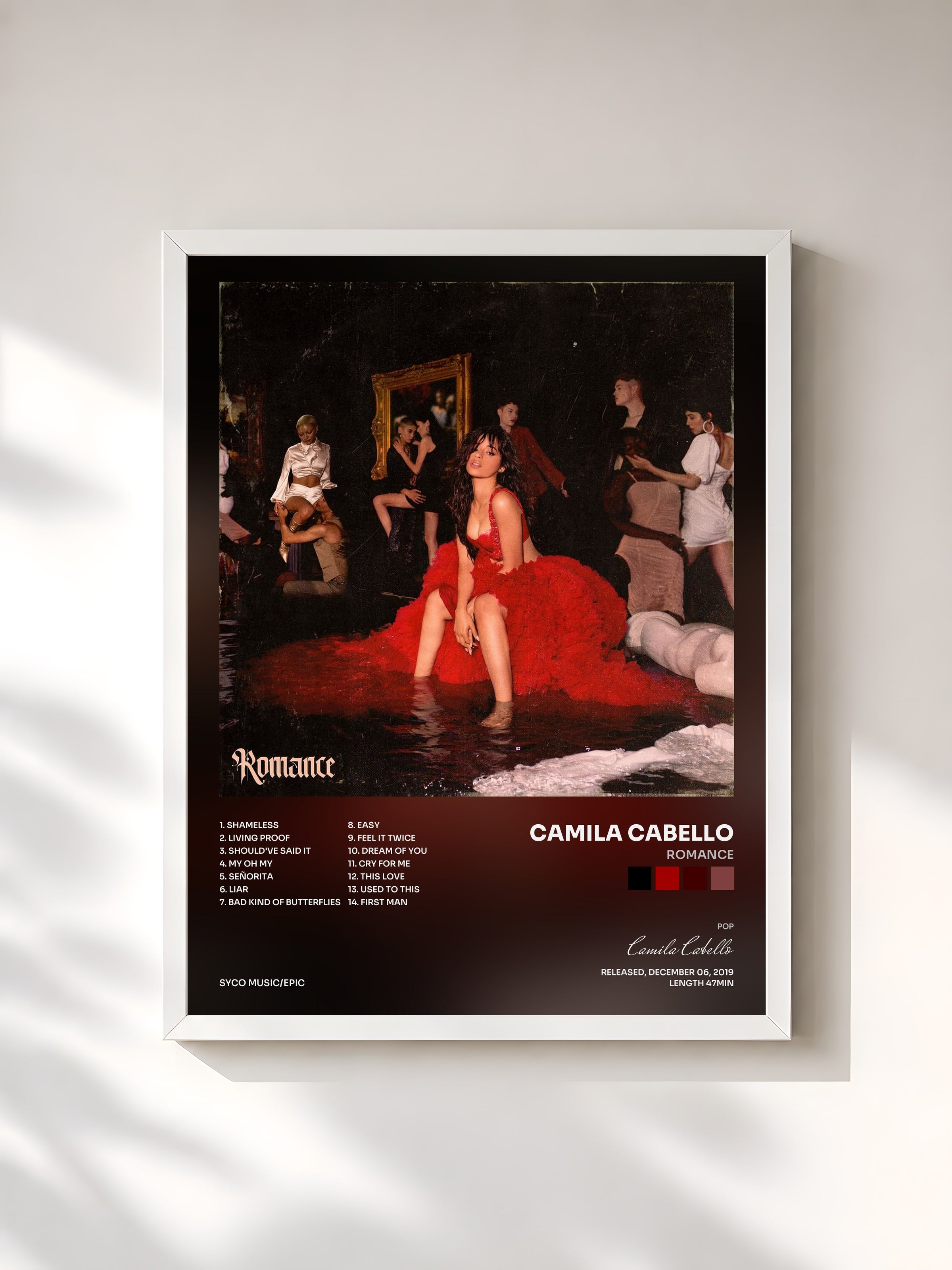 #blanc Romance by Camila Cabello as a framed art print, white frame, printed and framed in France