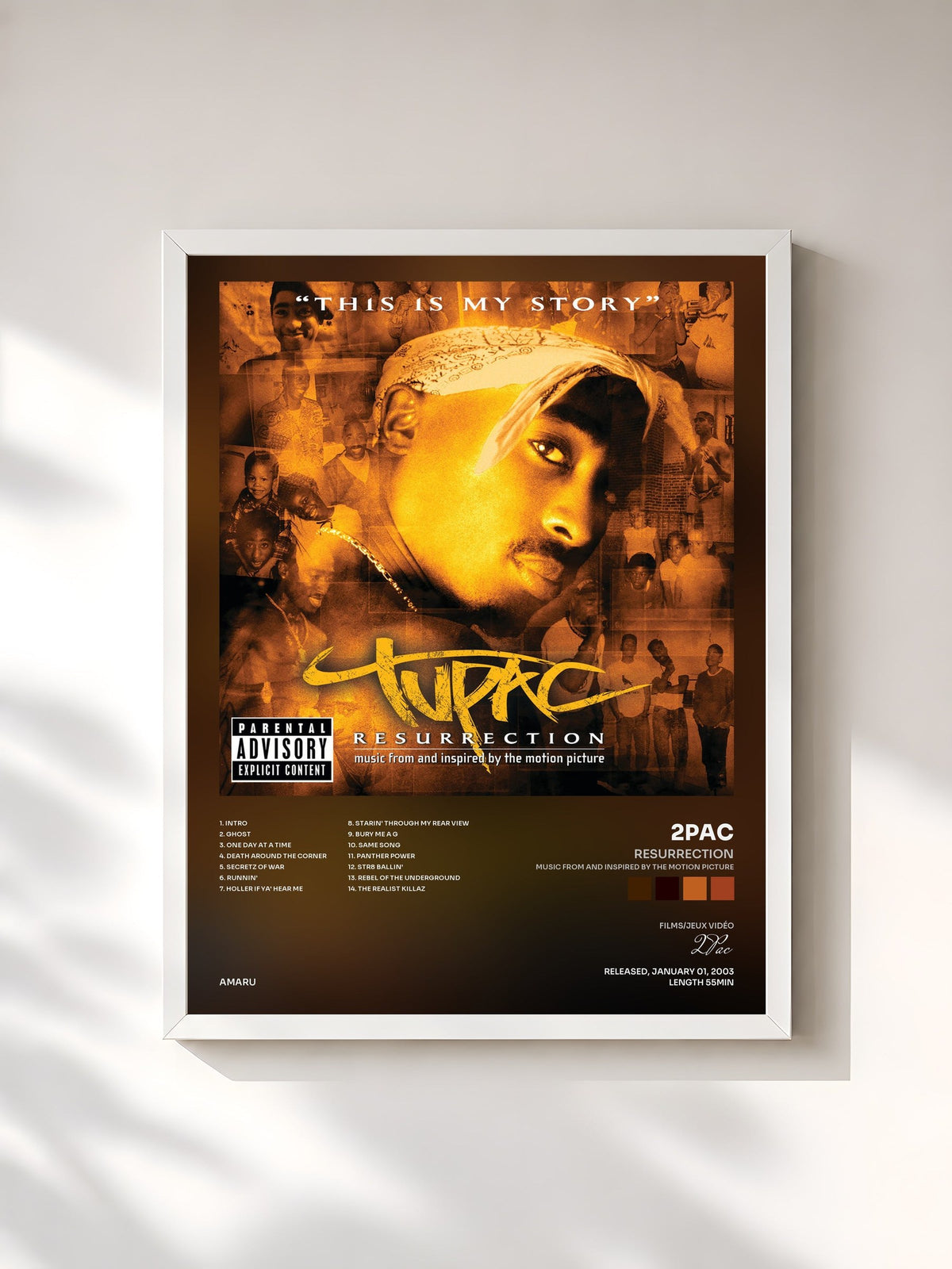 #blanc Tableau de l'album Resurrection (Music From And Inspired By The Motion Picture) de 2Pac, cadre blanc, imprimé et encadré en France