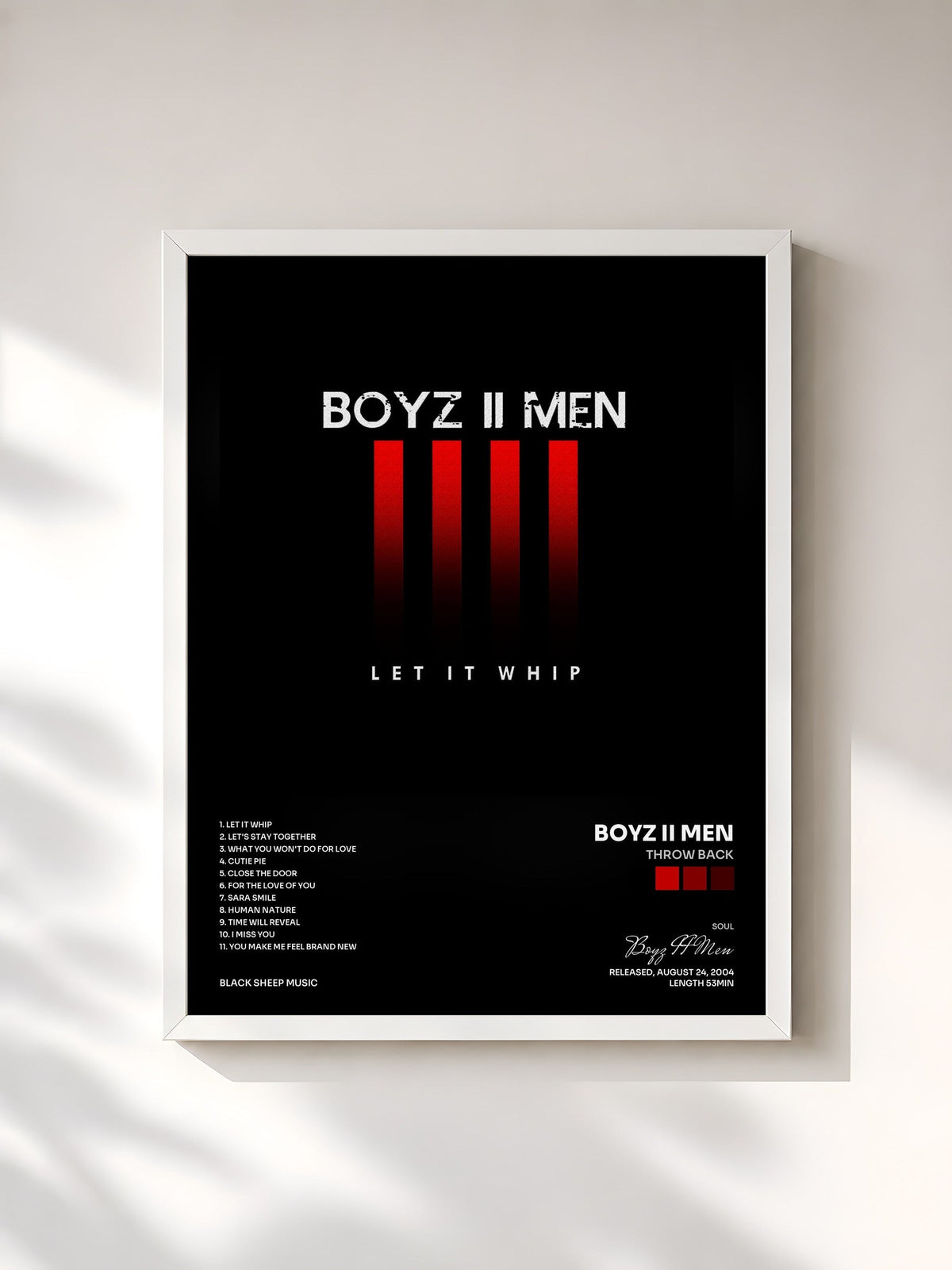 #blanc Tableau de l'album Throw Back de Boyz II Men, cadre blanc, imprimé et encadré en France