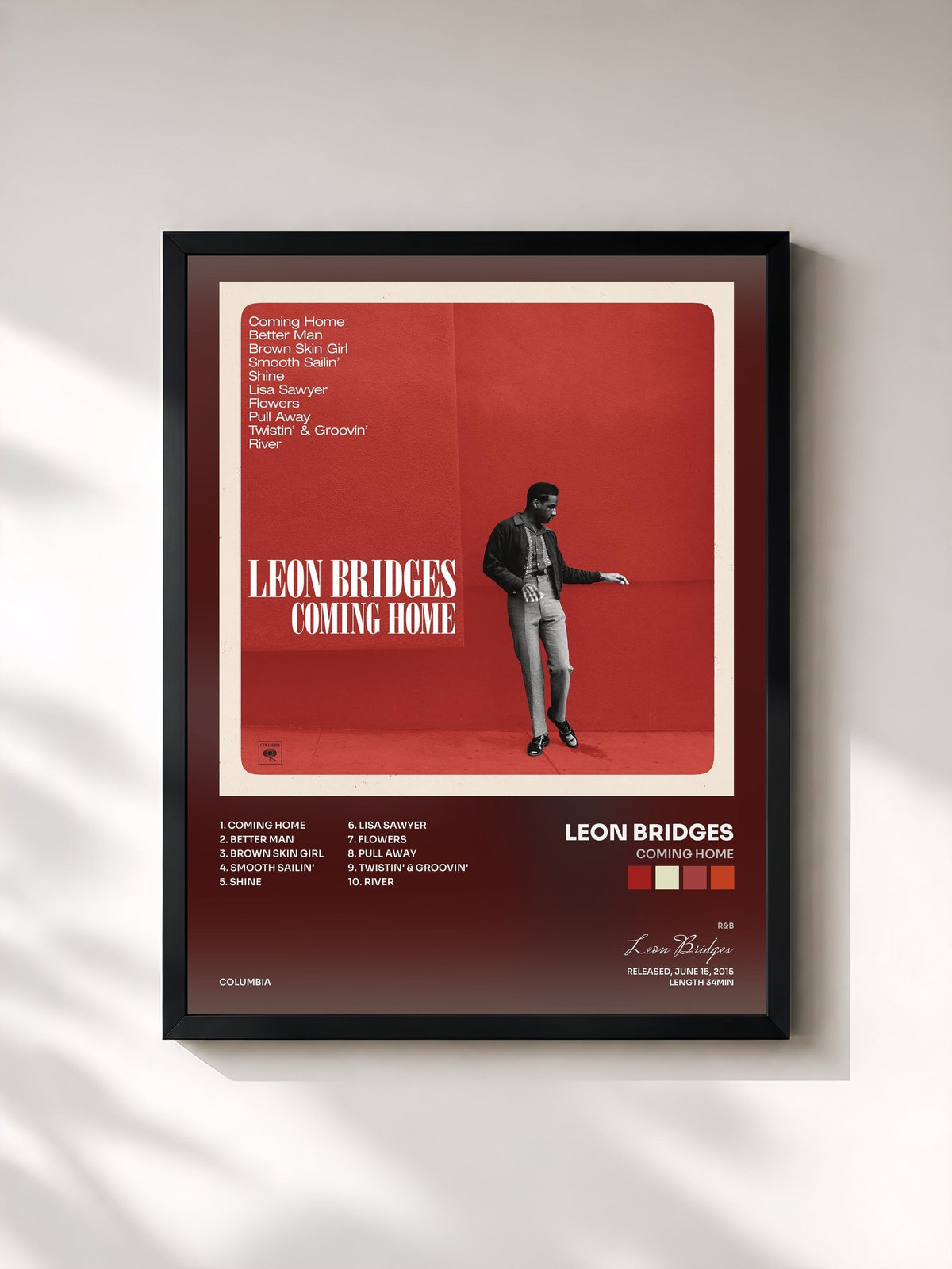 #noir Tableau de l'album Coming Home de Leon Bridges, cadre noir, imprimé et encadré en France