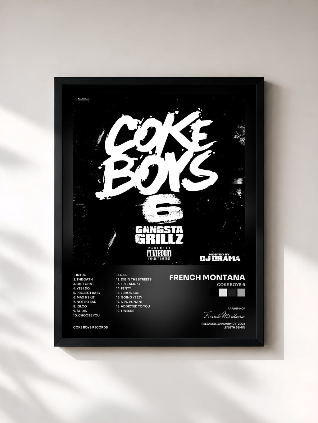 #noir Tableau de l'album Coke Boys 6 de French Montana, cadre noir, imprimé et encadré en France