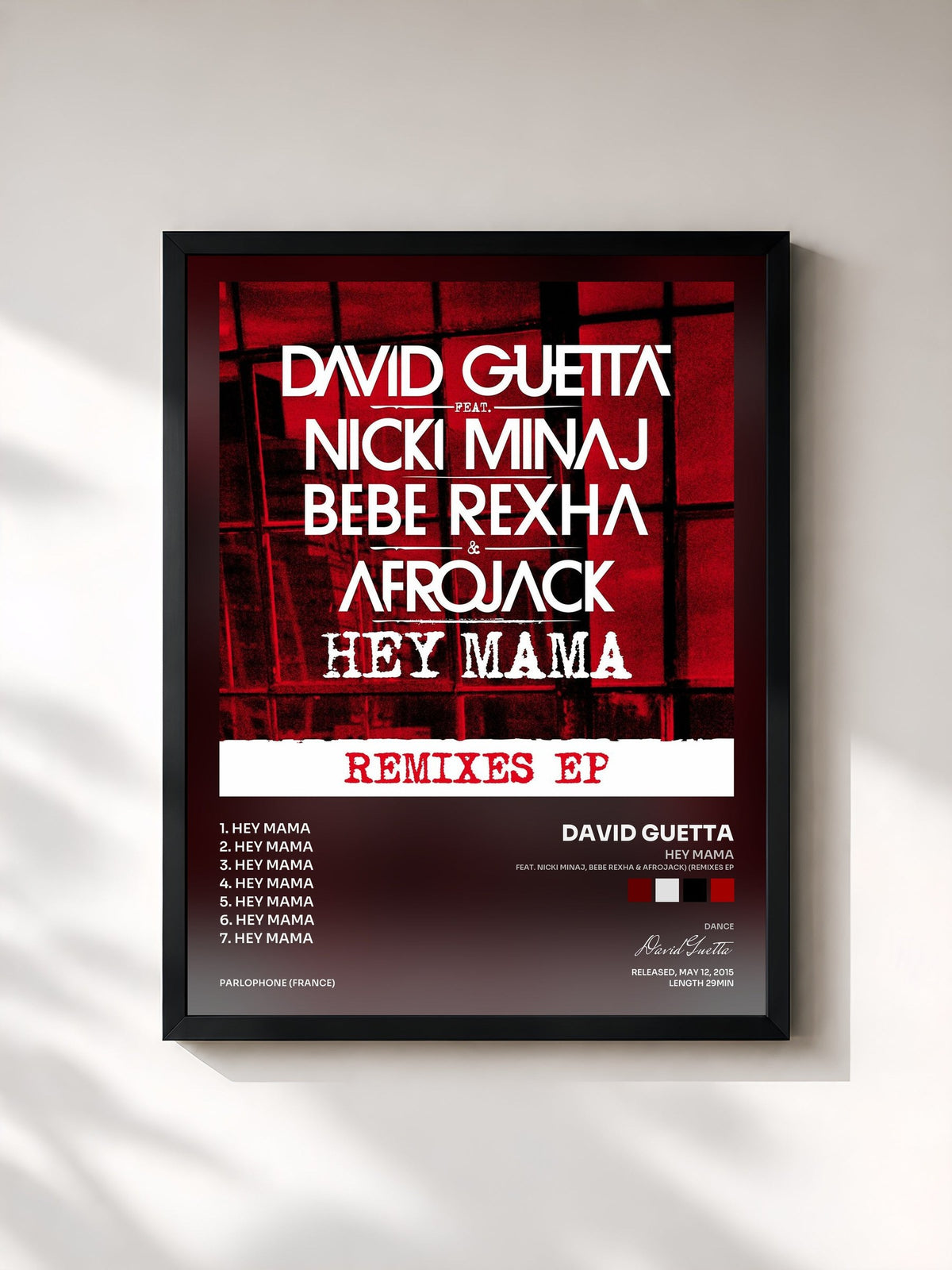 #noir Tableau de l'album Hey Mama (feat. Nicki Minaj, Bebe Rexha & Afrojack) (Remixes EP) de David Guetta, cadre noir, imprimé et encadré en France