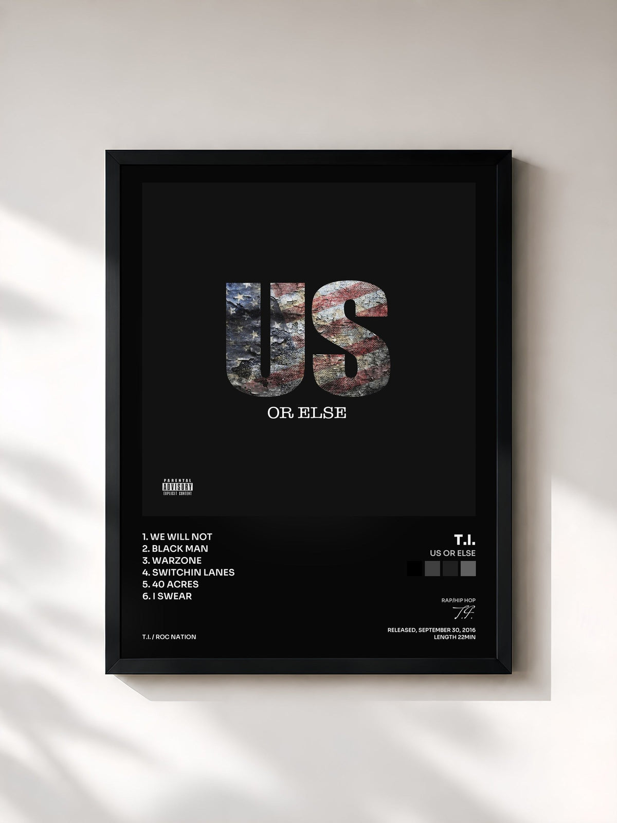 #noir Us Or Else by T.I. as a framed art print, black frame, printed and framed in France