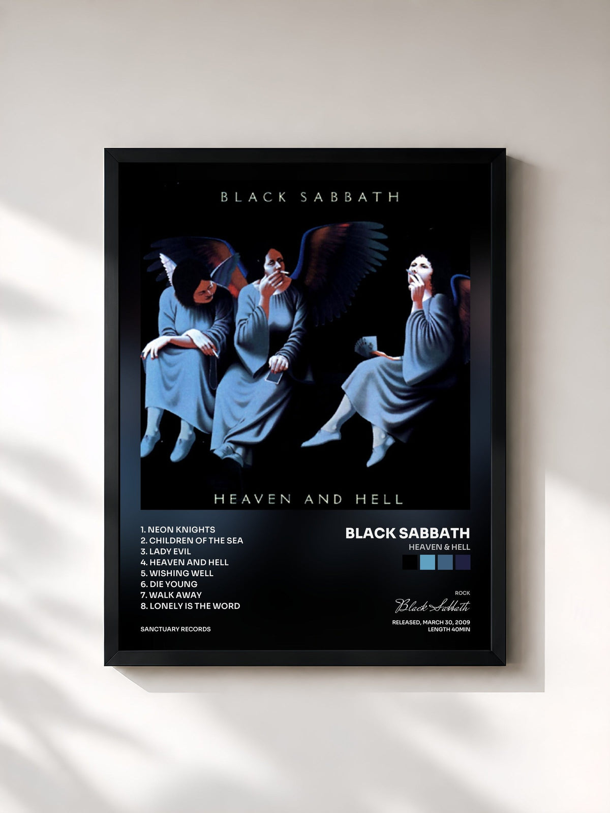 #noir Tableau de l'album Heaven & Hell de Black Sabbath, cadre noir, imprimé et encadré en France