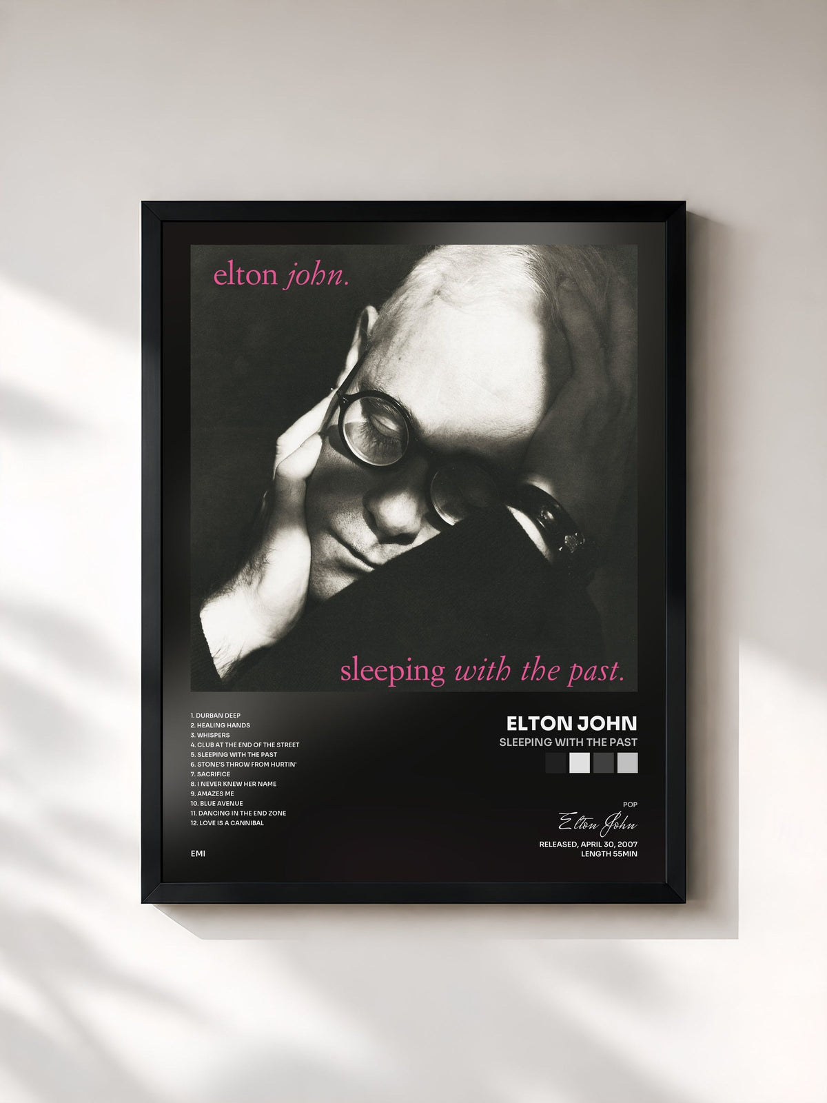 #noir Tableau de l'album Sleeping With The Past de Elton John, cadre noir, imprimé et encadré en France