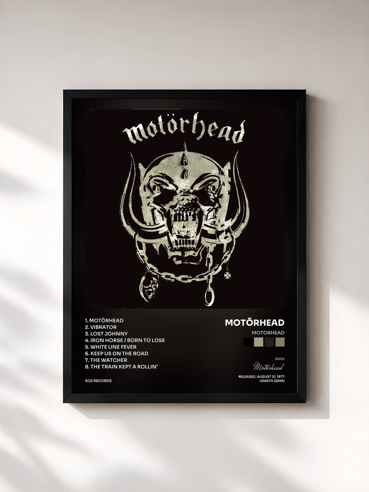 #noir Tableau de l'album Motorhead de Motörhead, cadre noir, imprimé et encadré en France