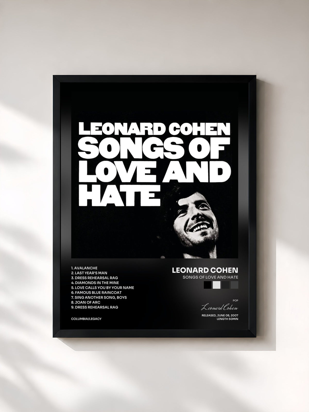 #noir Tableau de l'album Songs Of Love And Hate de Leonard Cohen, cadre noir, imprimé et encadré en France