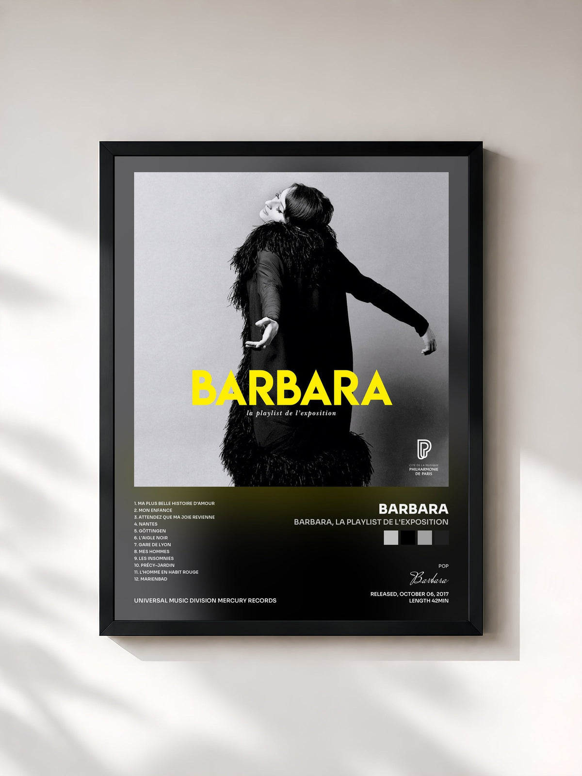 #noir Tableau de l'album Barbara, la playlist de l'exposition de Barbara, cadre noir, imprimé et encadré en France