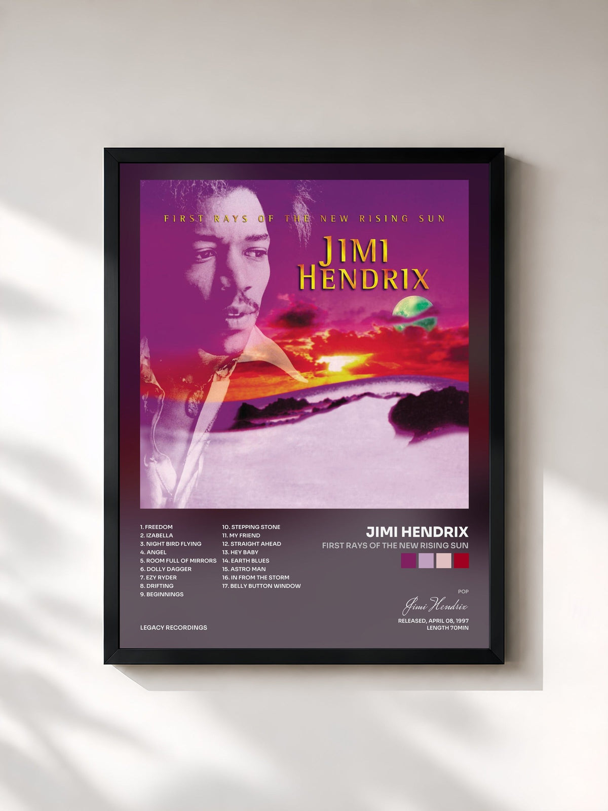 #noir Tableau de l'album First Rays Of The New Rising Sun de Jimi Hendrix, cadre noir, imprimé et encadré en France