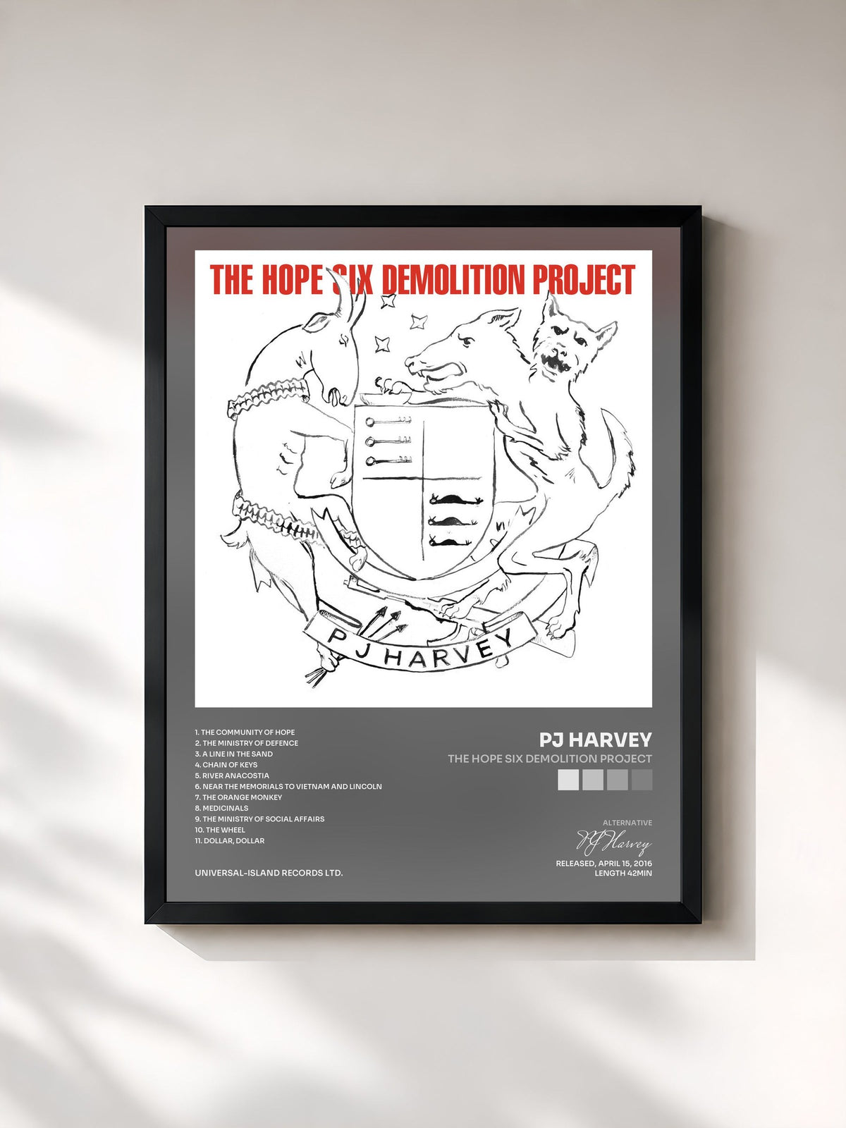 #noir Tableau de l'album The Hope Six Demolition Project de PJ Harvey, cadre noir, imprimé et encadré en France