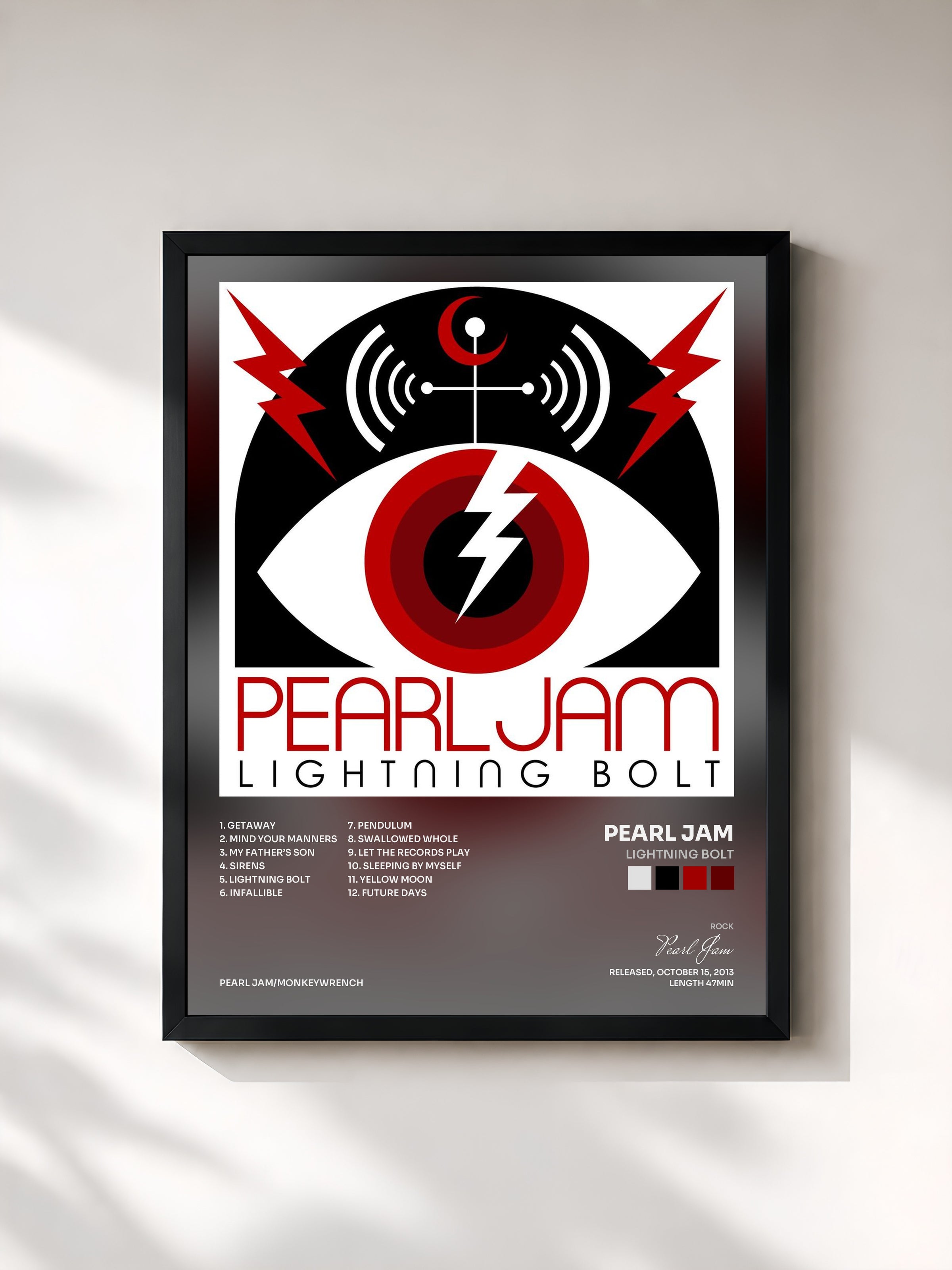 #noir Lightning Bolt by Pearl Jam as a framed art print, black frame, printed and framed in France