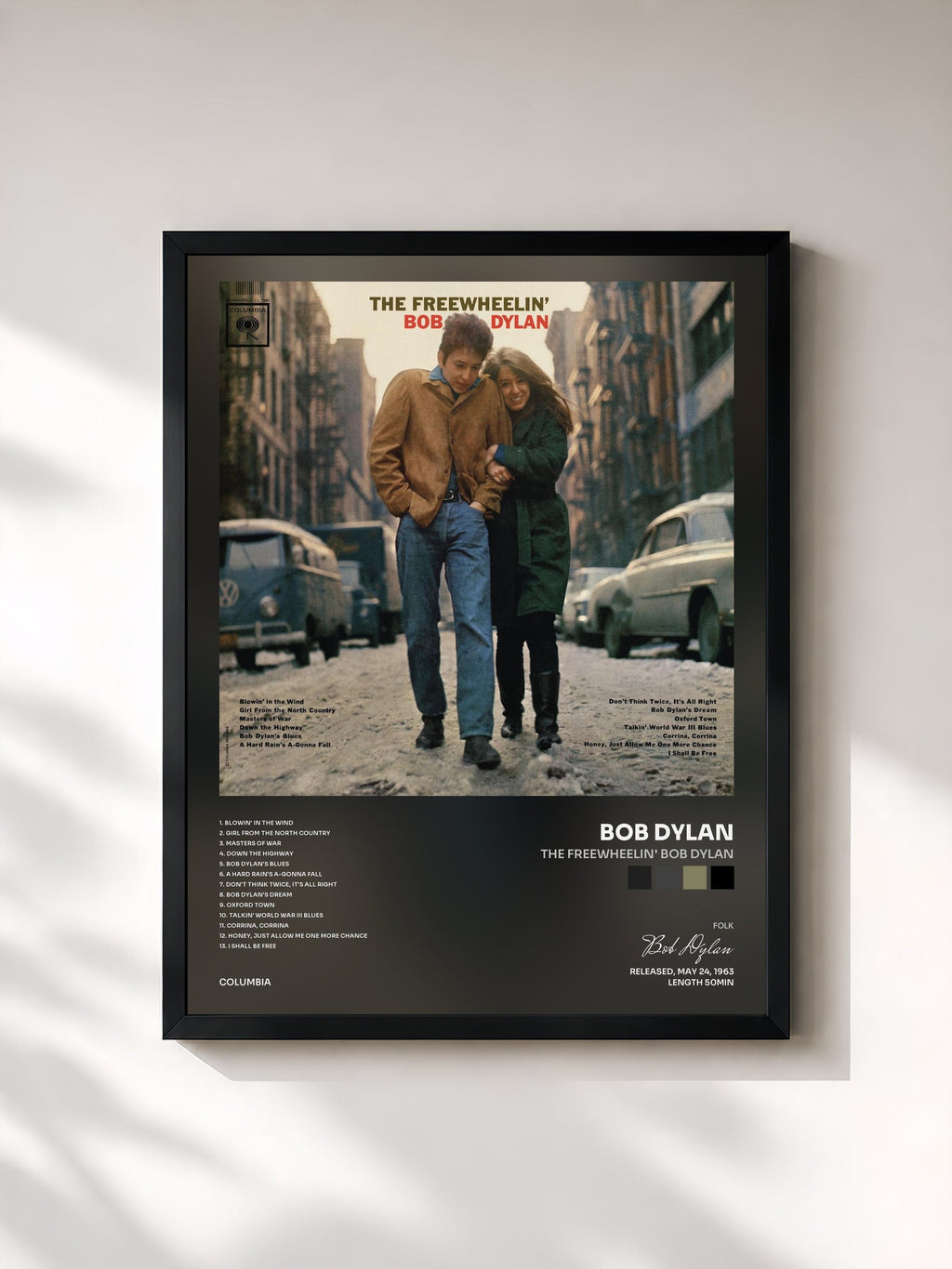 #noir The Freewheelin' Bob Dylan de Bob Dylan en lámina enmarcada, marco negro, impresa y enmarcada en Francia