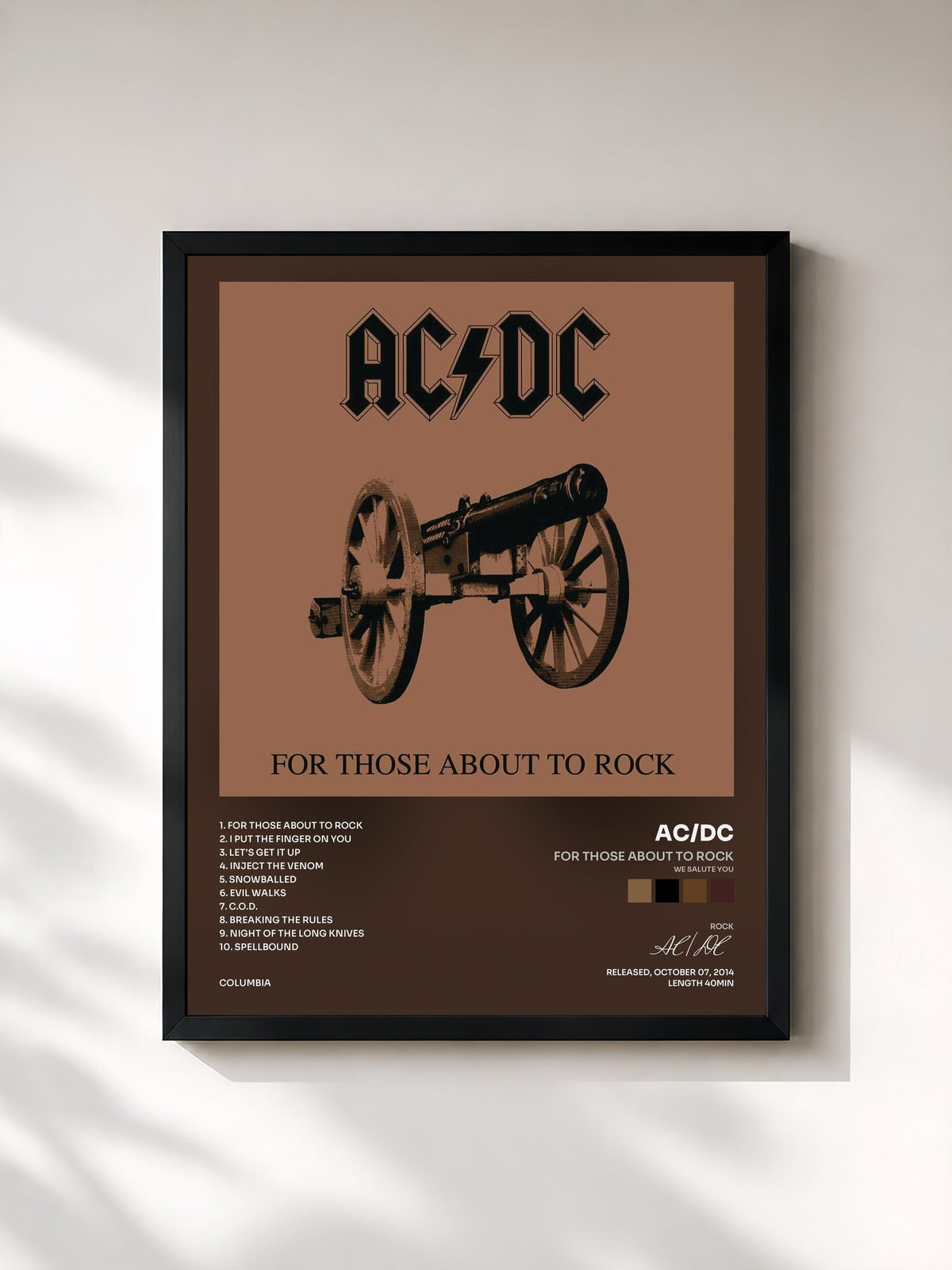 #noir Tableau de l'album For Those About to Rock (We Salute You) de AC/DC, cadre noir, imprimé et encadré en France