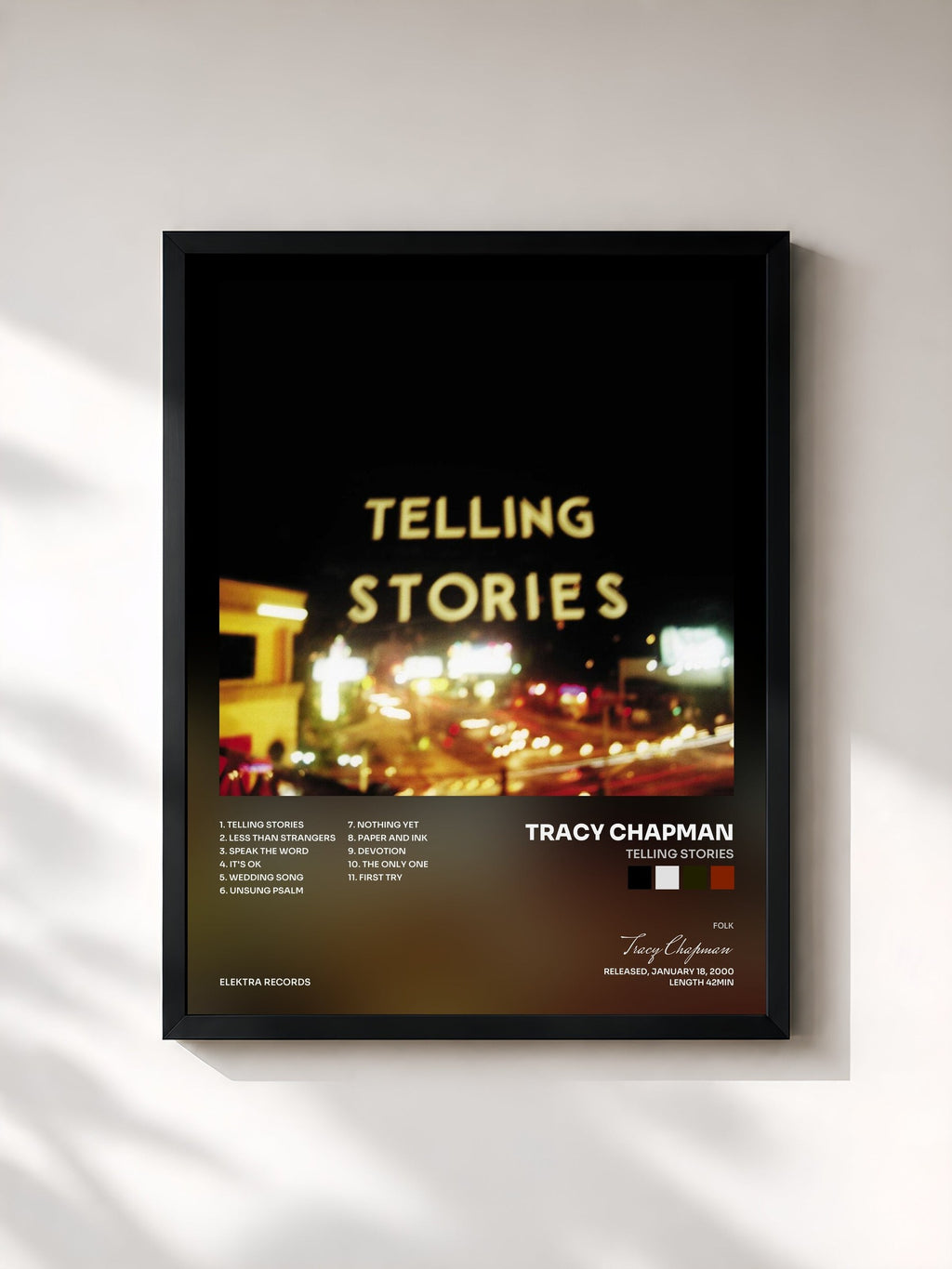 #noir Tableau de l'album Telling Stories de Tracy Chapman, cadre noir, imprimé et encadré en France