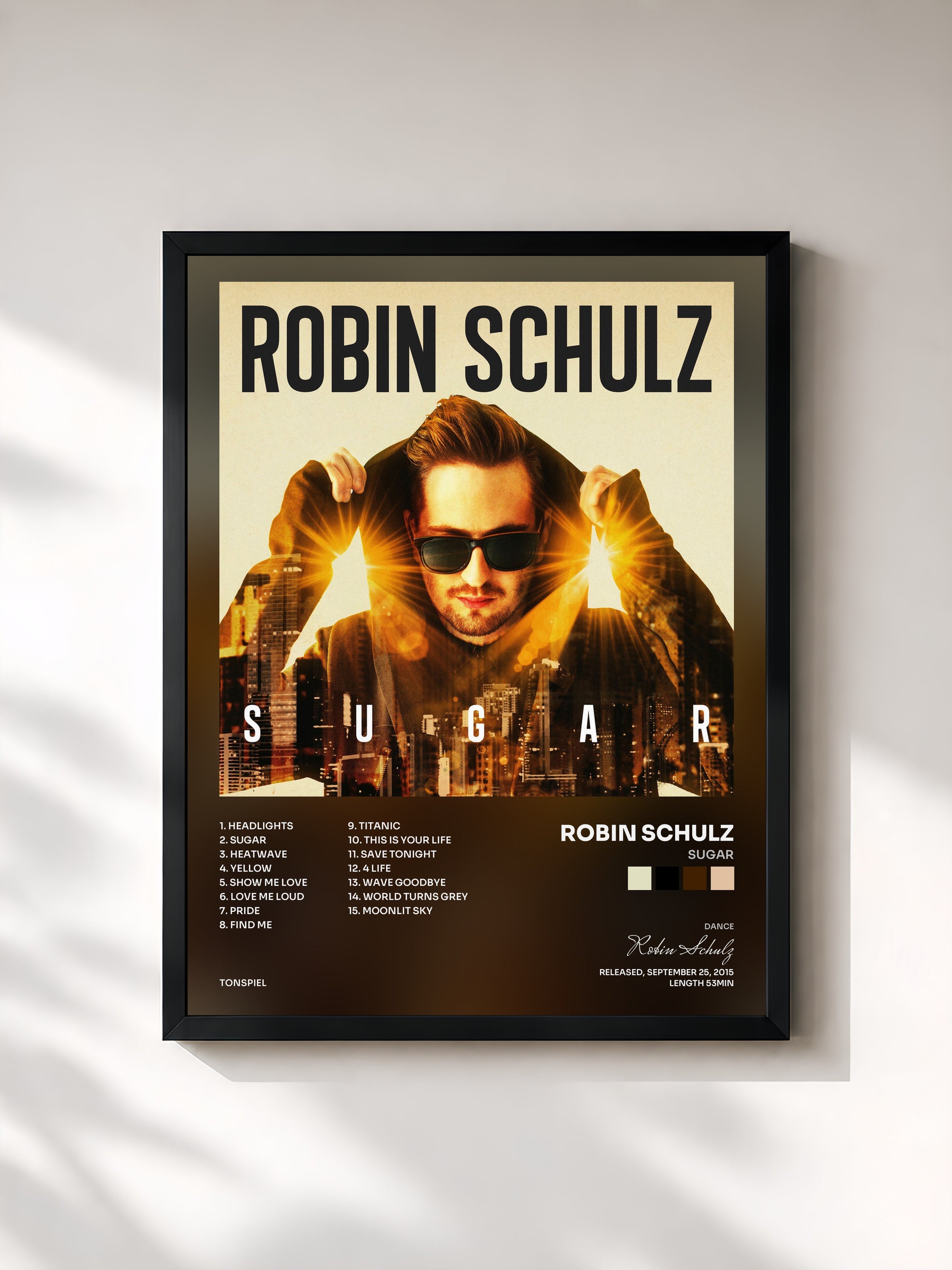 #noir Sugar by Robin Schulz as a framed art print, black frame, printed and framed in France