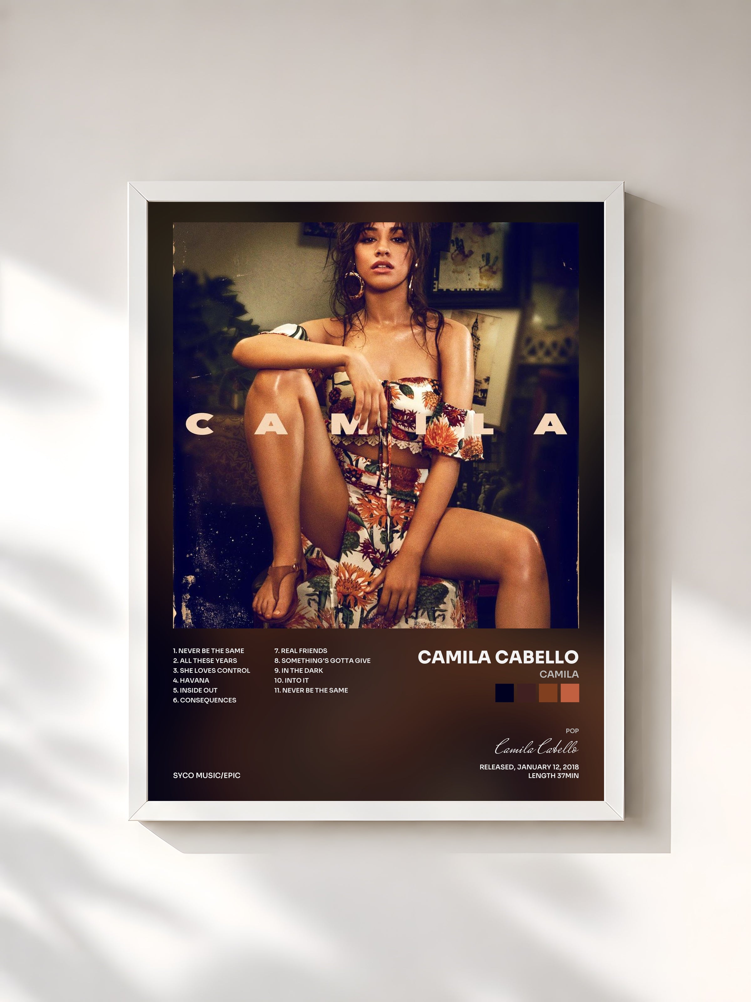 #blanc Tableau de l'album Camila de Camila Cabello, cadre blanc, imprimé et encadré en France