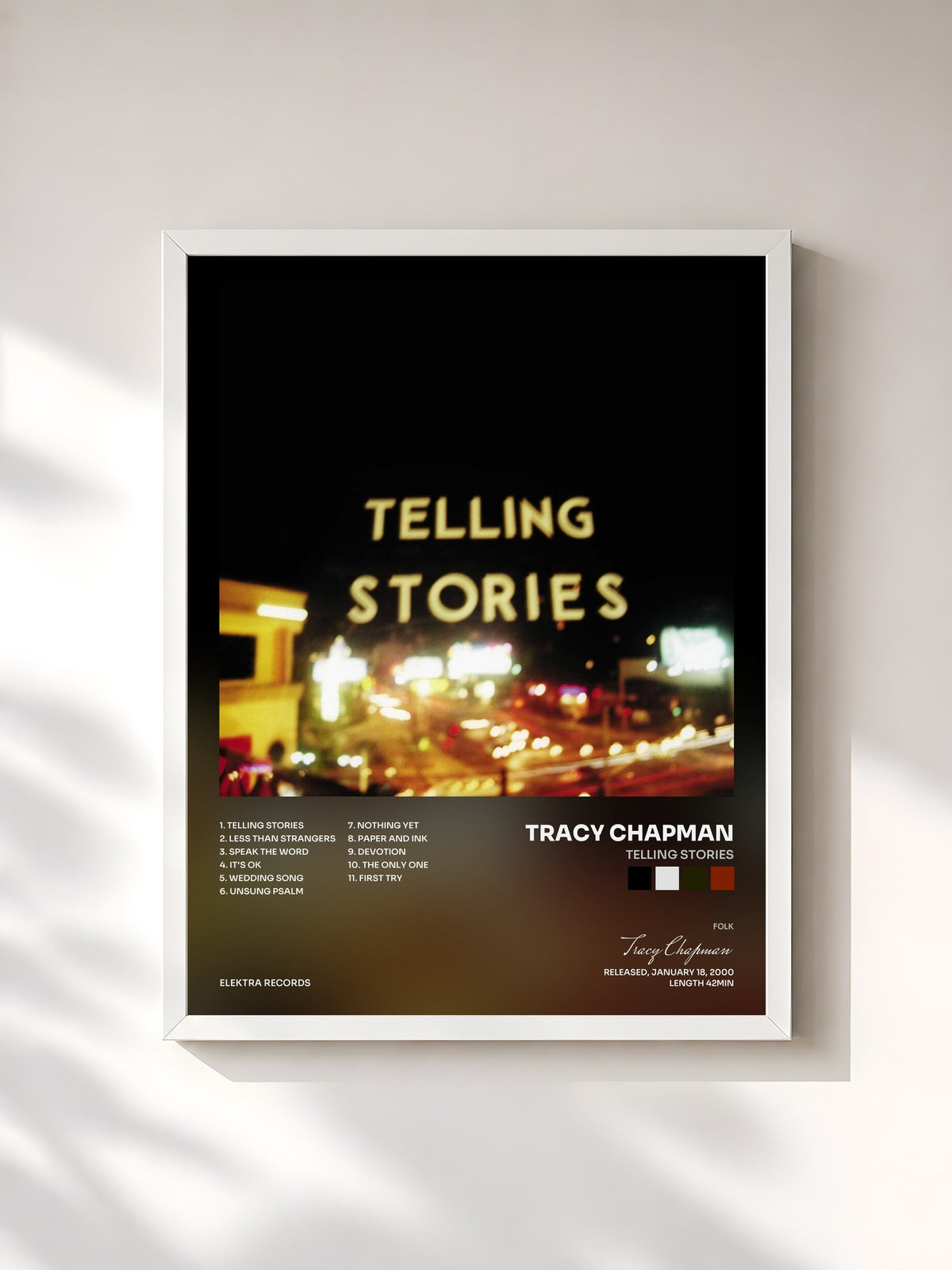 #blanc Tableau de l'album Telling Stories de Tracy Chapman, cadre blanc, imprimé et encadré en France