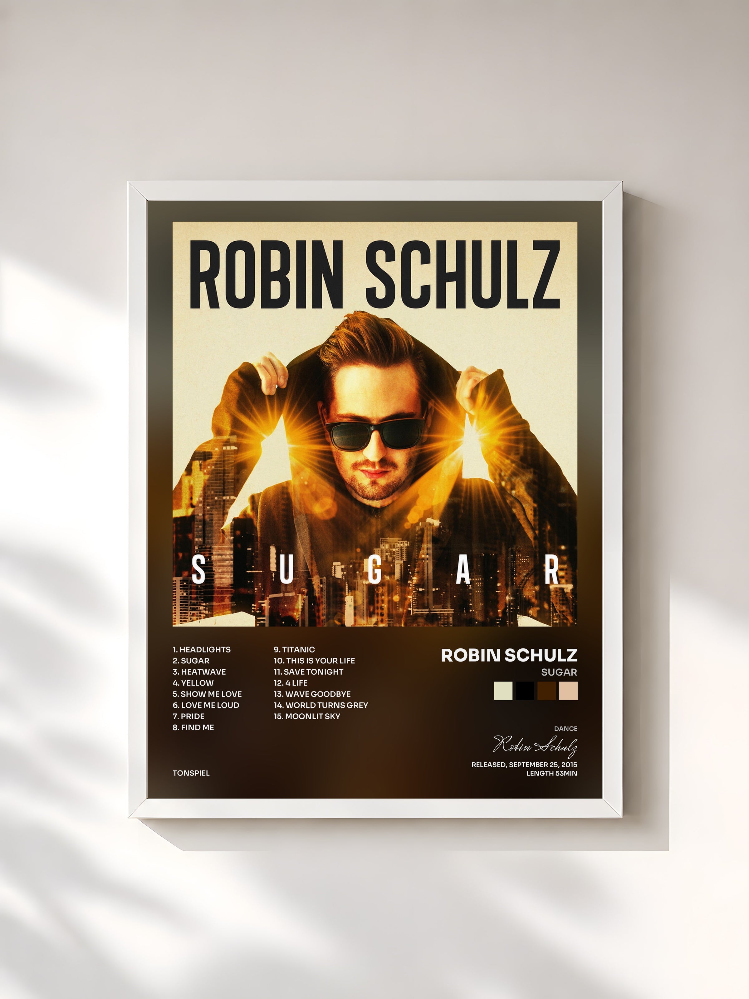 #blanc Sugar by Robin Schulz as a framed art print, white frame, printed and framed in France