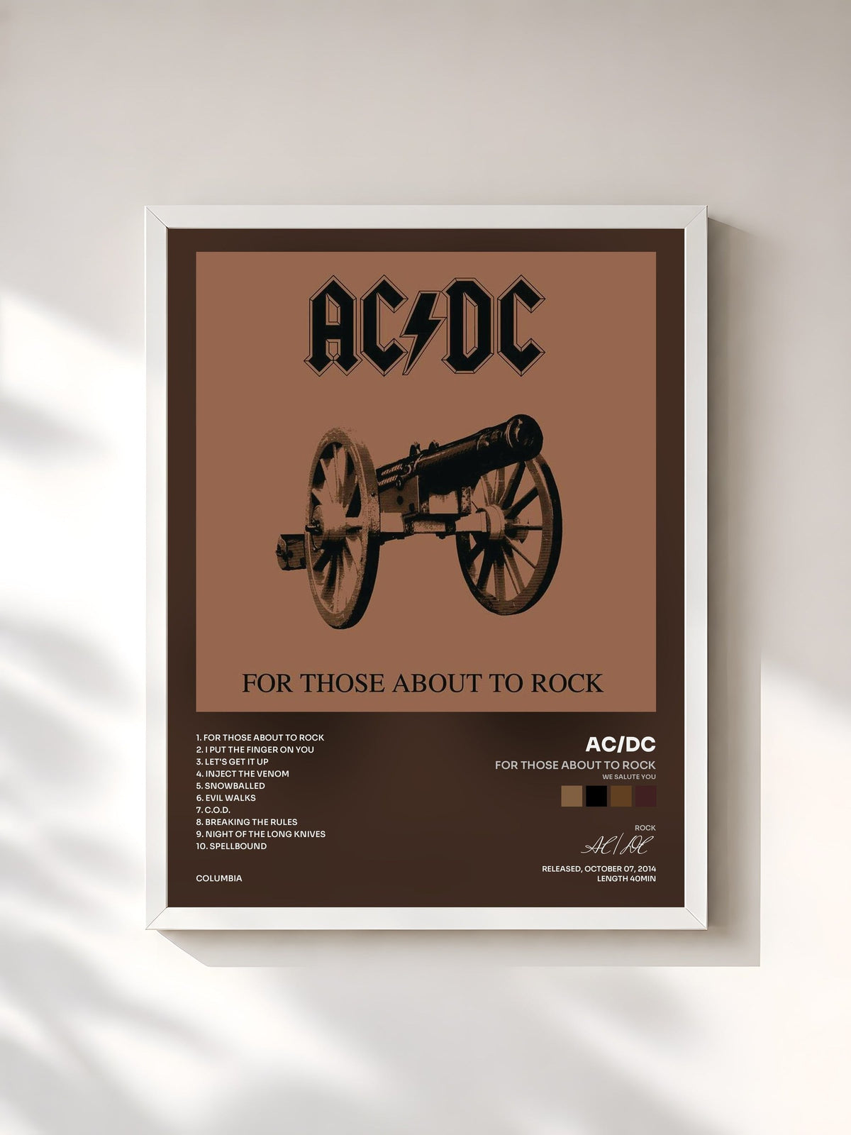 #blanc Tableau de l'album For Those About to Rock (We Salute You) de AC/DC, cadre blanc, imprimé et encadré en France