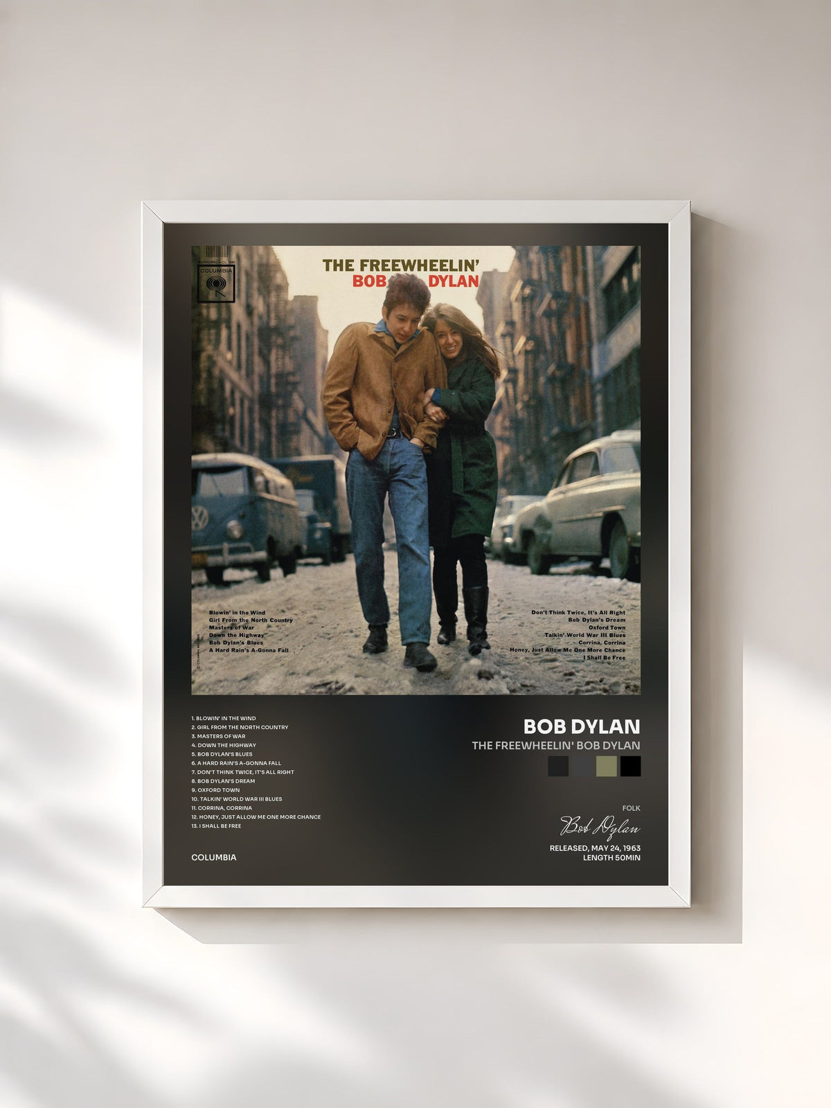 #blanc Tableau de l'album The Freewheelin' Bob Dylan de Bob Dylan, cadre blanc, imprimé et encadré en France