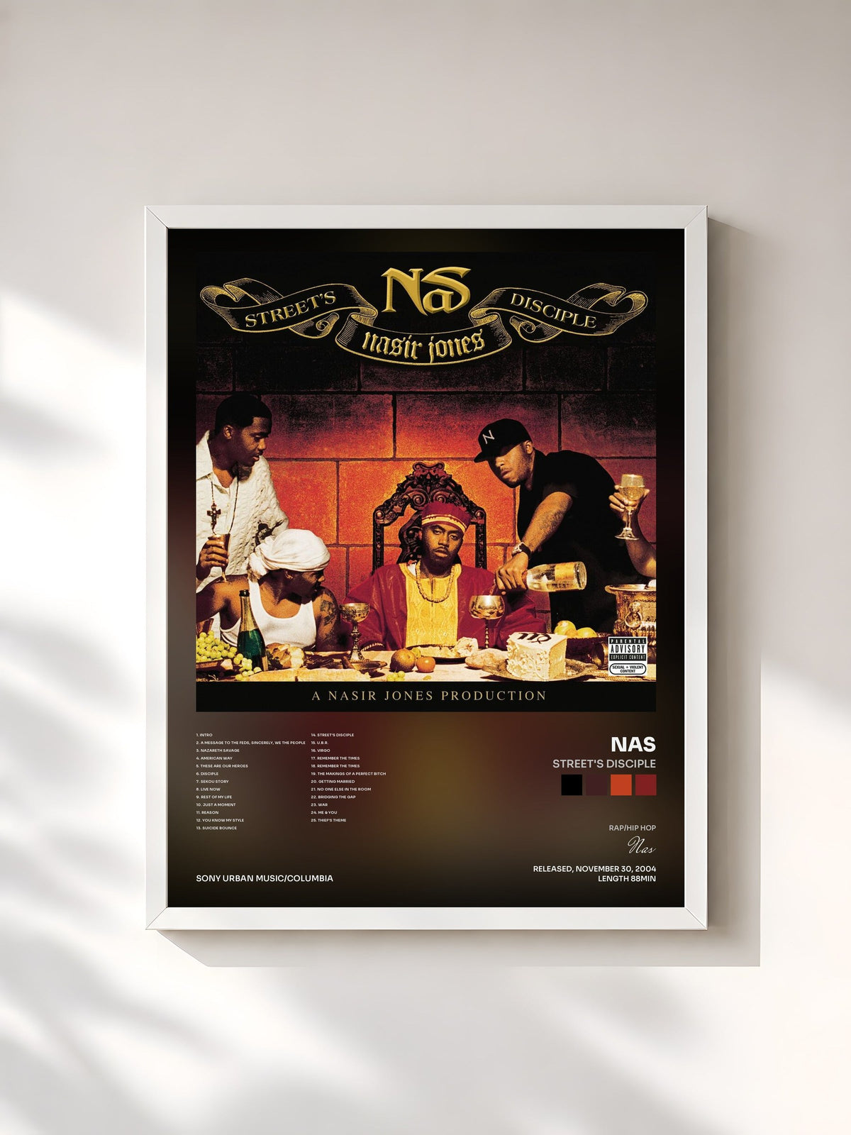 #blanc Tableau de l'album Street's Disciple de Nas, cadre blanc, imprimé et encadré en France