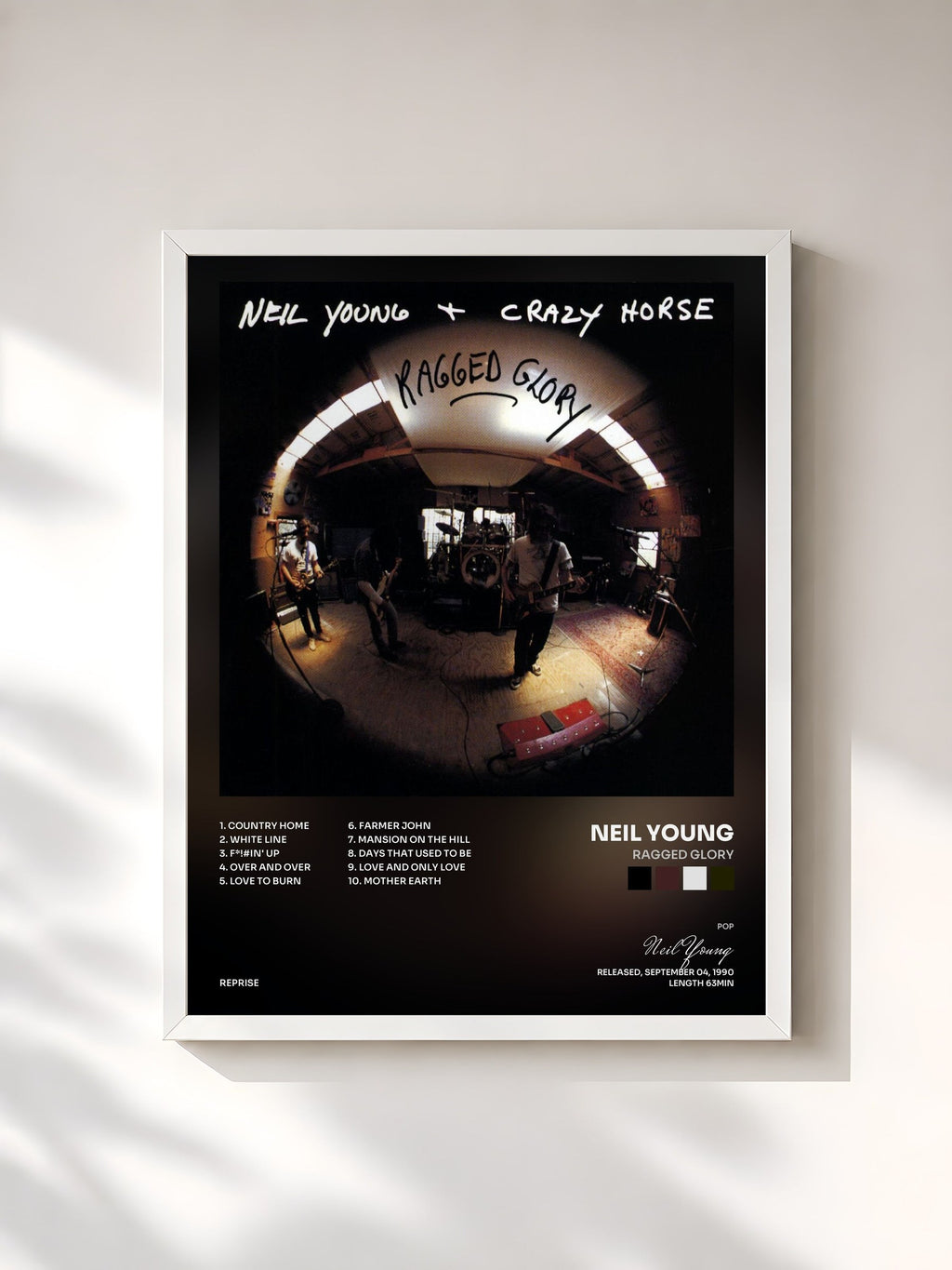 #blanc Tableau de l'album Ragged Glory de Neil Young, cadre blanc, imprimé et encadré en France