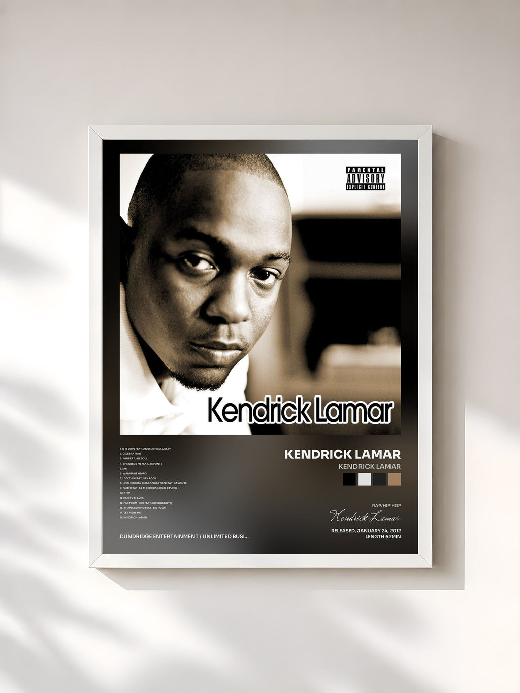 #blanc Tableau de l'album Kendrick Lamar de Kendrick Lamar, cadre blanc, imprimé et encadré en France