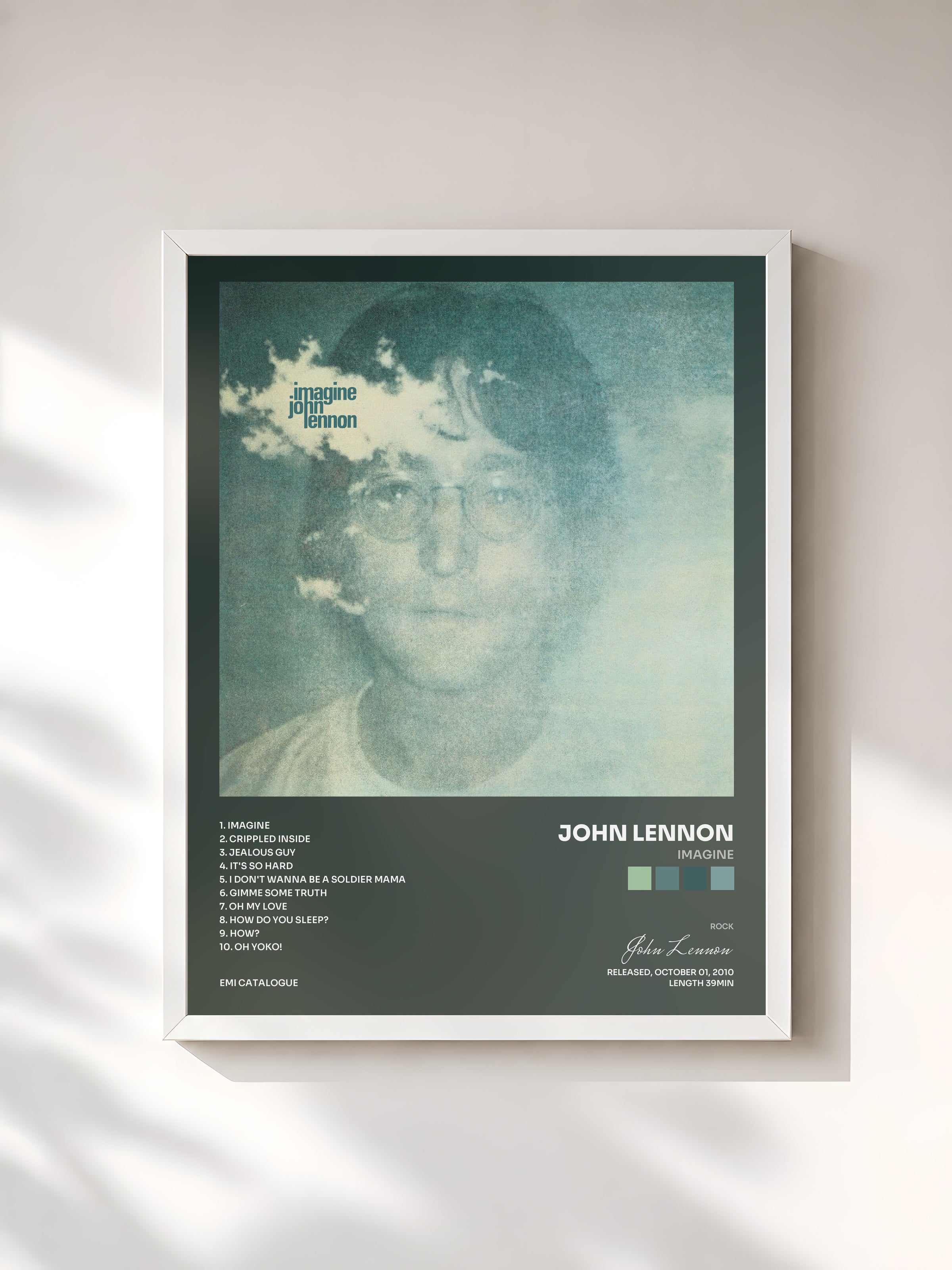 #blanc Tableau de l'album Imagine de John Lennon, cadre blanc, imprimé et encadré en France