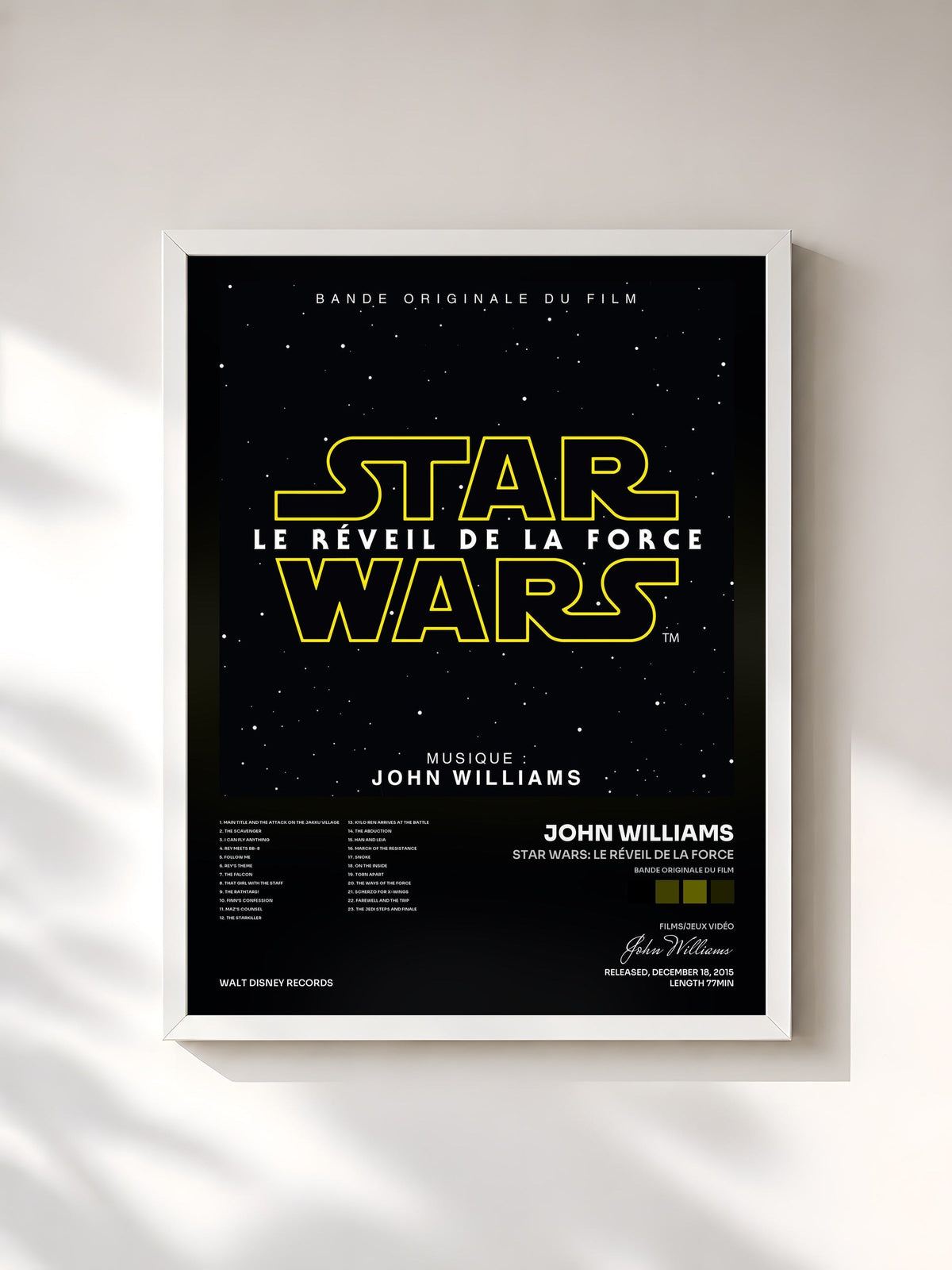 #blanc Tableau de l'album Star Wars: Le Réveil de la Force (Bande Originale du Film) de John Williams, cadre blanc, imprimé et encadré en France