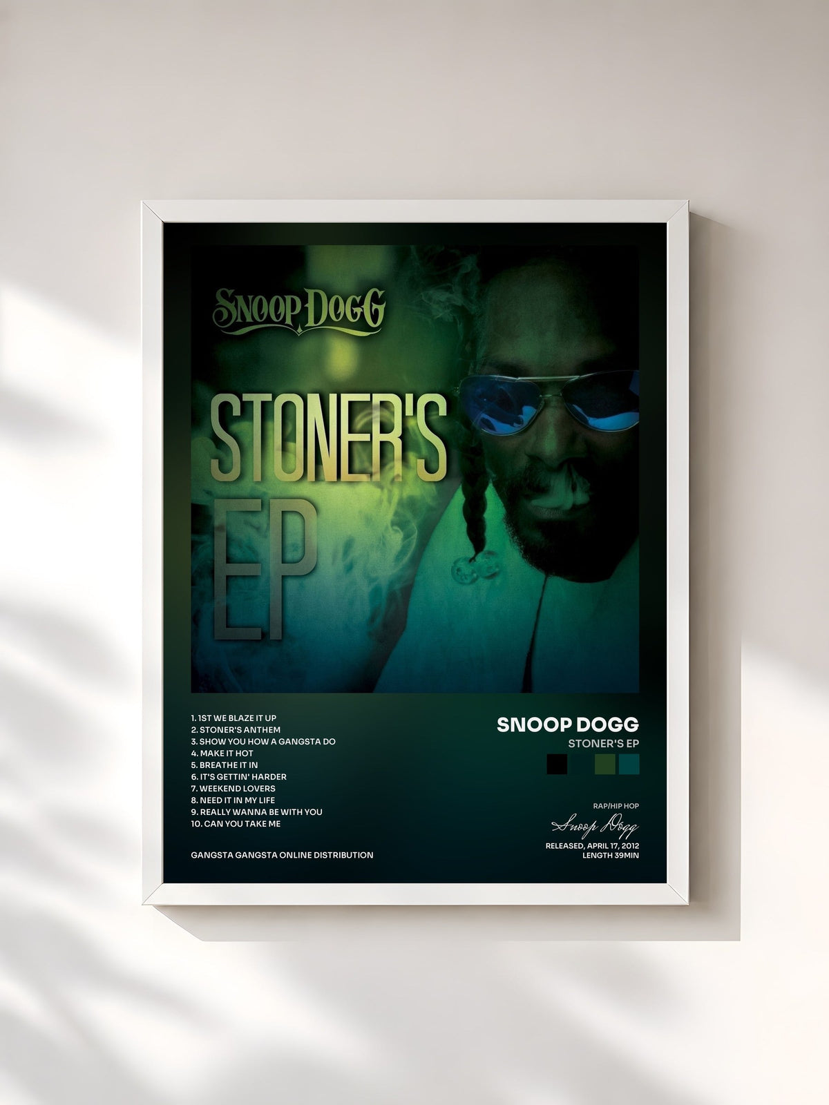 #blanc Tableau de l'album Stoner's EP de Snoop Dogg, cadre blanc, imprimé et encadré en France
