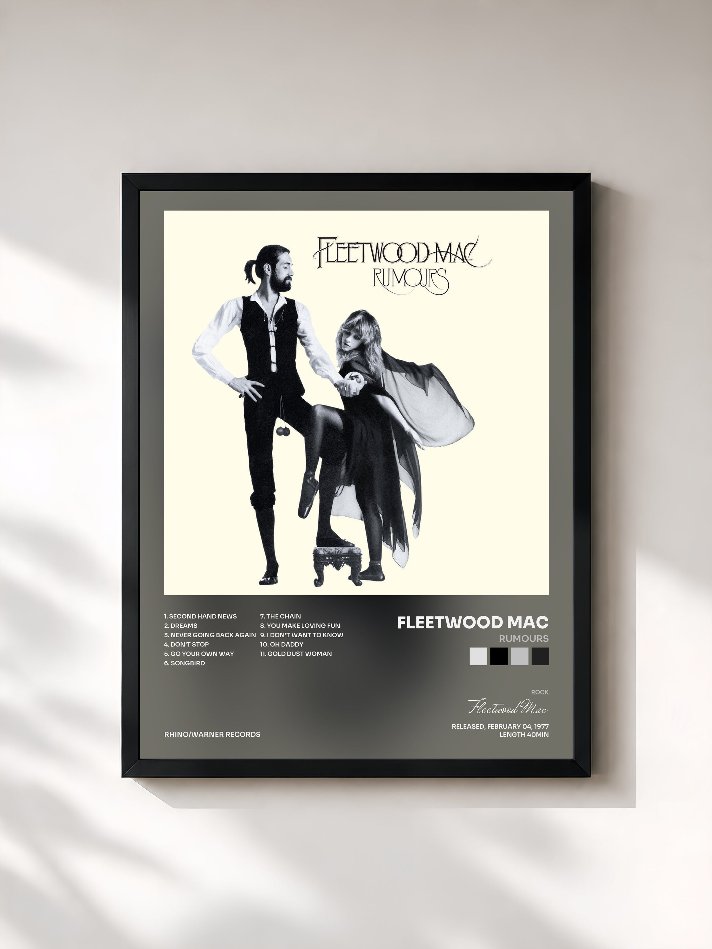 #noir Tableau de l'album Rumours de Fleetwood Mac, cadre noir, imprimé et encadré en France