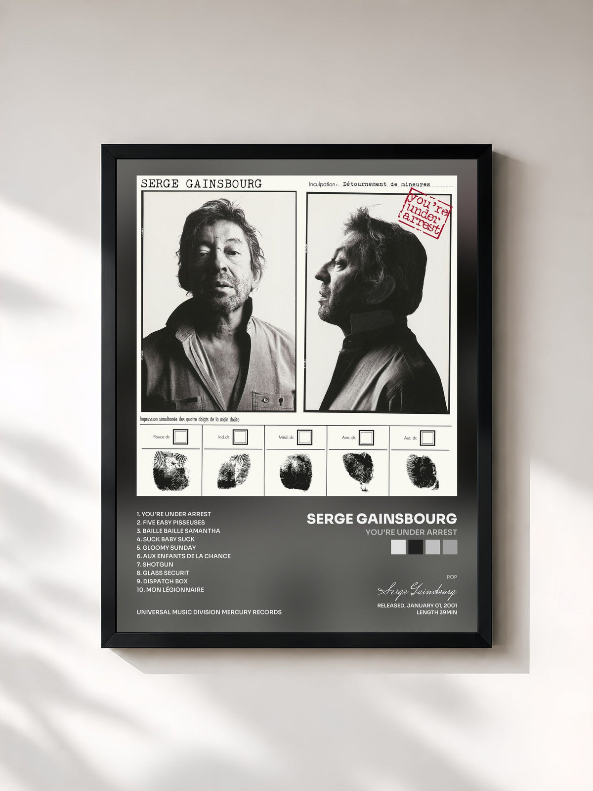 #noir Tableau de l'album You're Under Arrest de Serge Gainsbourg, cadre noir, imprimé et encadré en France