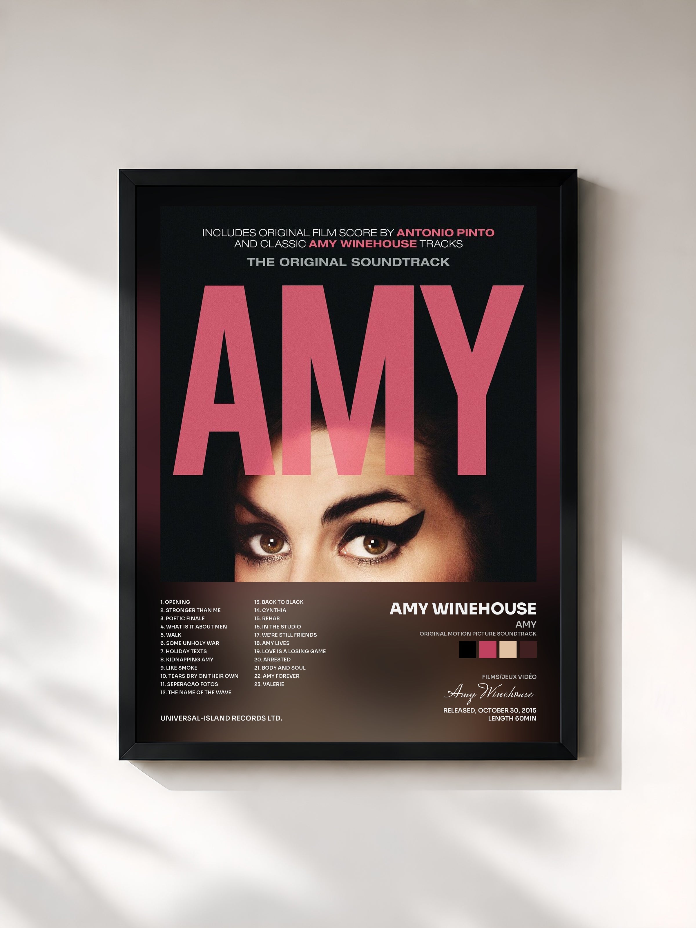 #noir AMY (Original Motion Picture Soundtrack) by Amy Winehouse as a framed art print, black frame, printed and framed in France