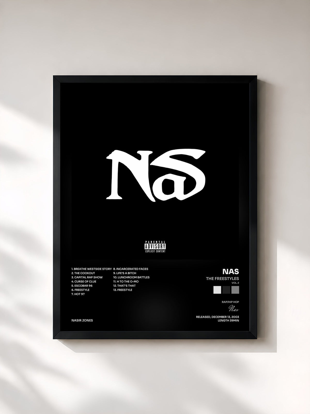 #noir Tableau de l'album The Freestyles (Vol. 2) de Nas, cadre noir, imprimé et encadré en France