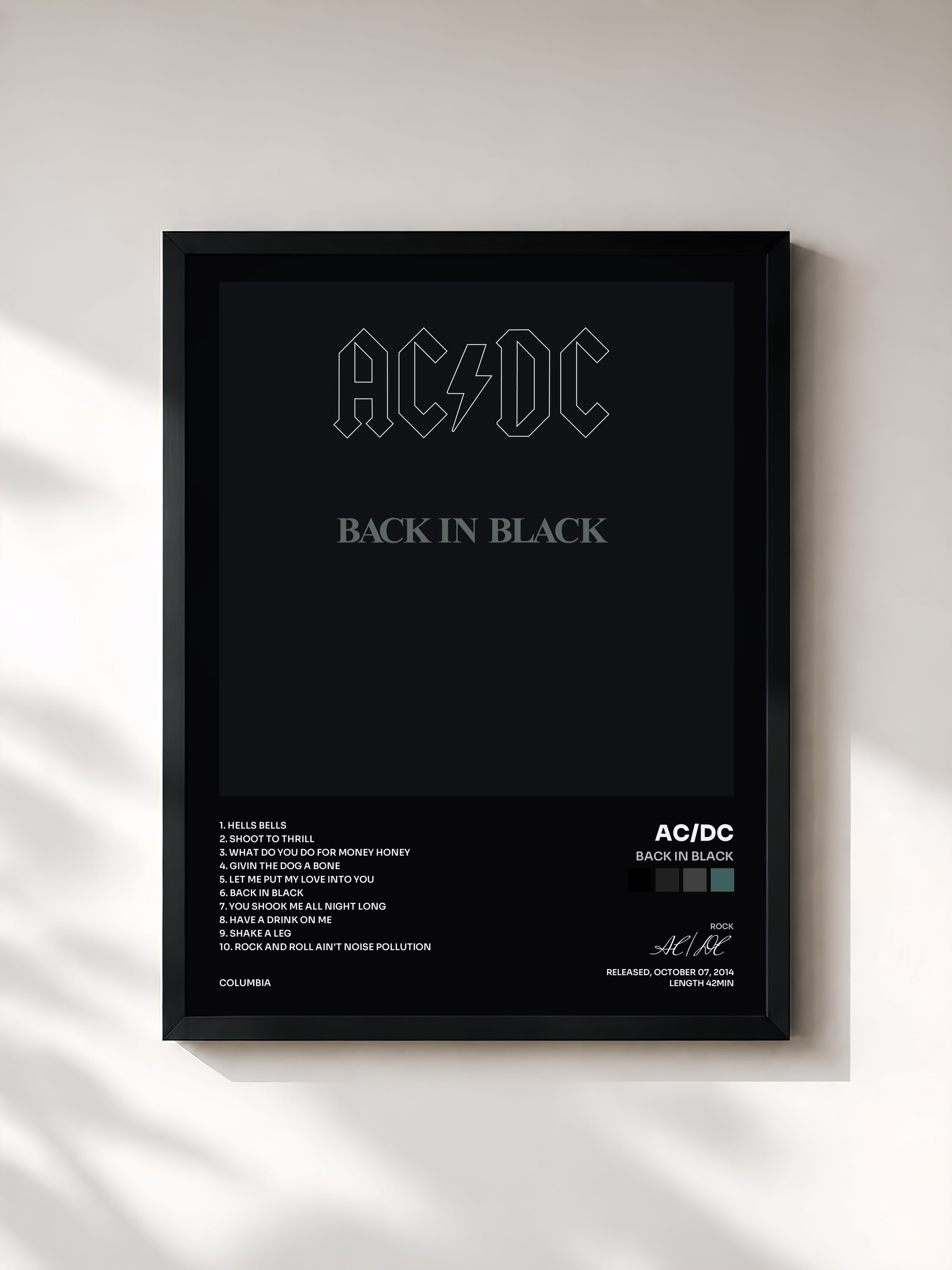 #noir Back In Black di AC/DC in stampa incorniciata, cornice nera, stampata e incorniciata in Francia