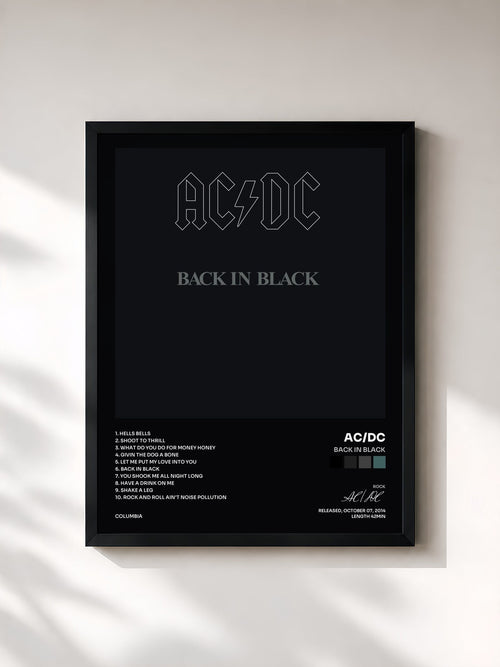 #noir Tableau de l'album Back In Black de AC/DC, cadre noir, imprimé et encadré en France