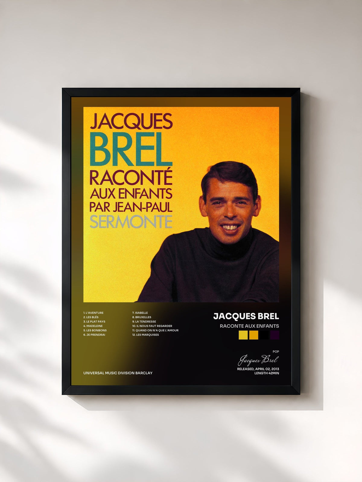 #noir Tableau de l'album Raconte Aux Enfants de Jacques Brel, cadre noir, imprimé et encadré en France