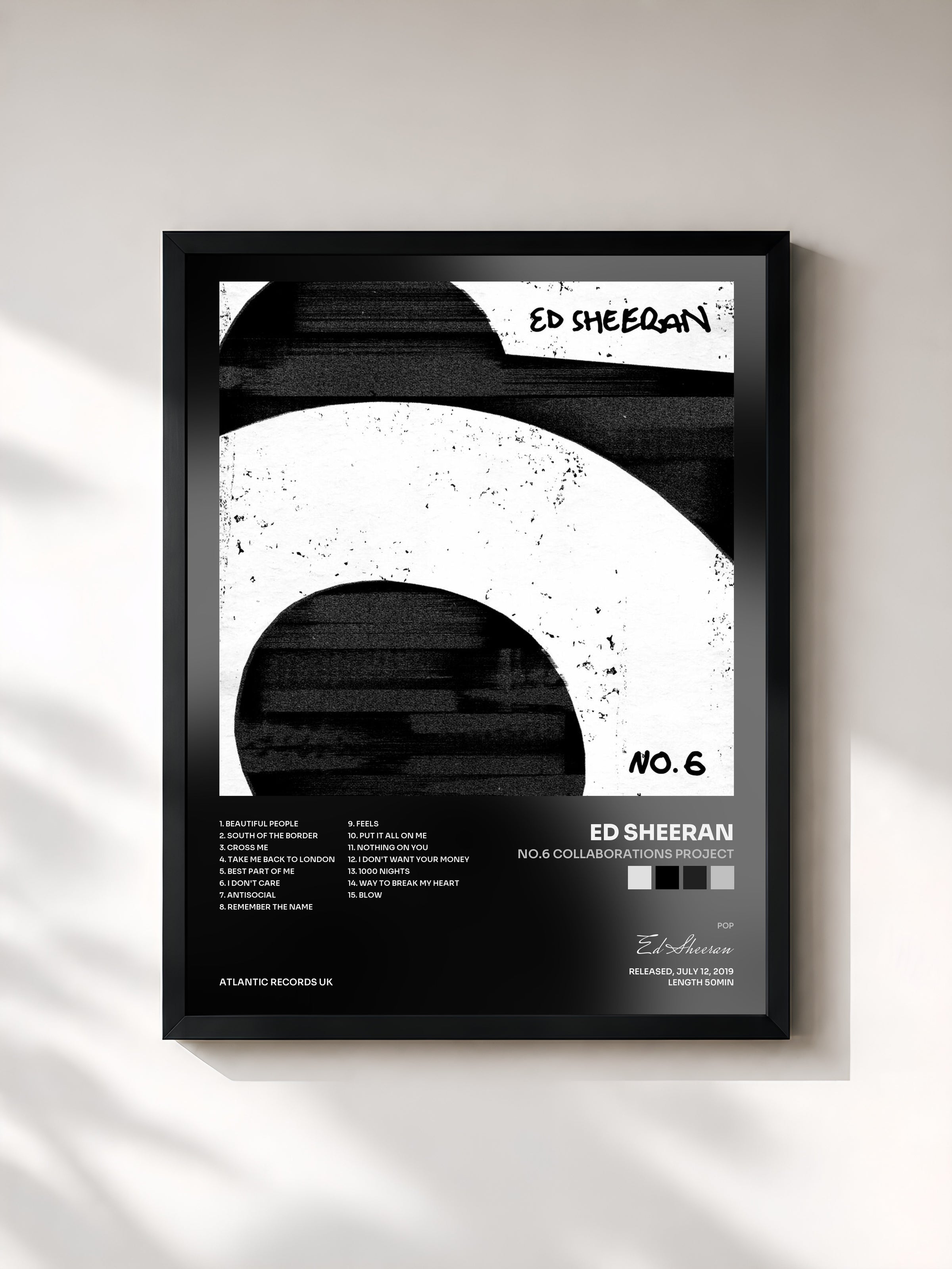 #noir Tableau de l'album No.6 Collaborations Project de Ed Sheeran, cadre noir, imprimé et encadré en France