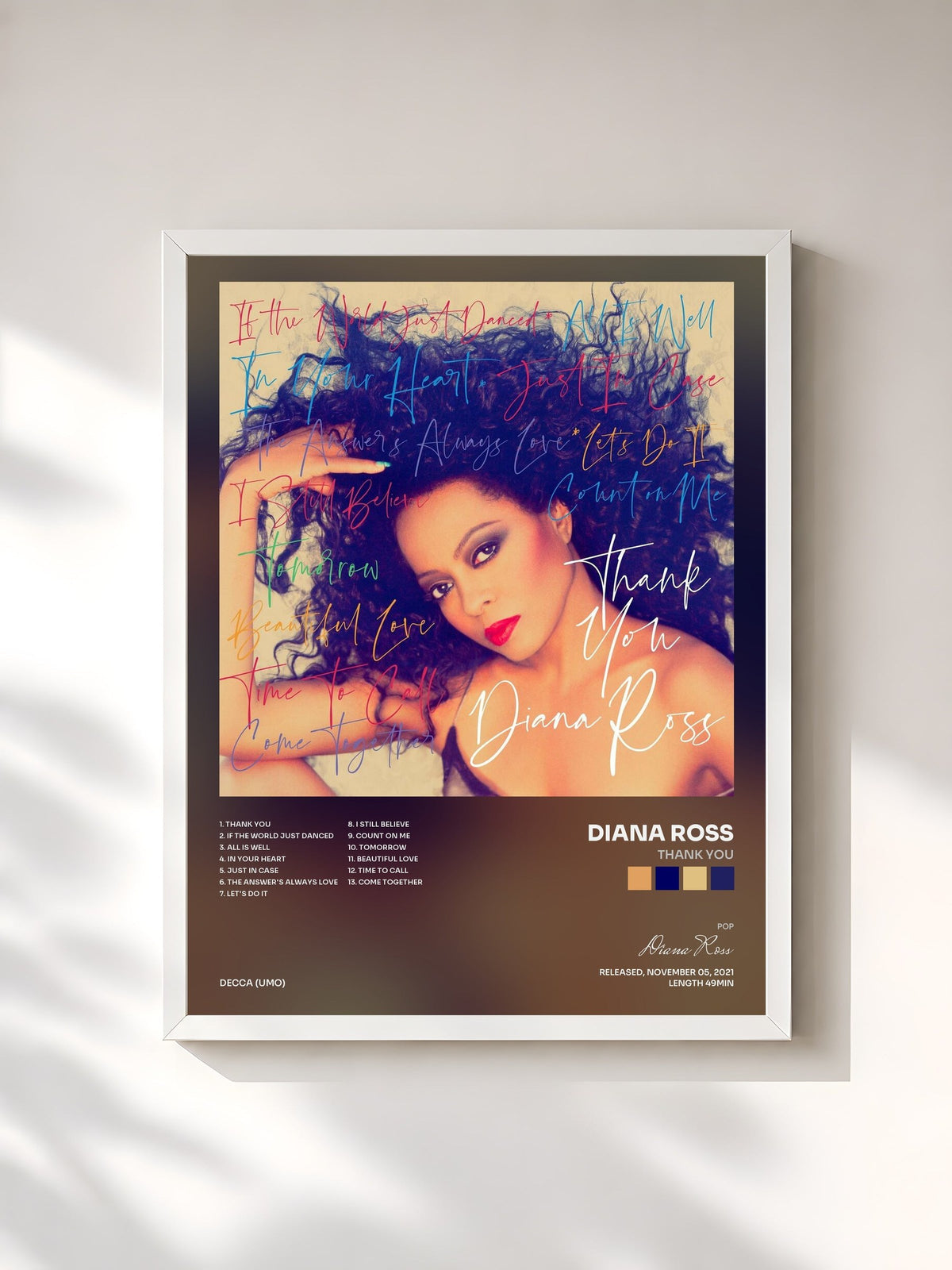 #blanc Tableau de l'album Thank You de Diana Ross, cadre blanc, imprimé et encadré en France