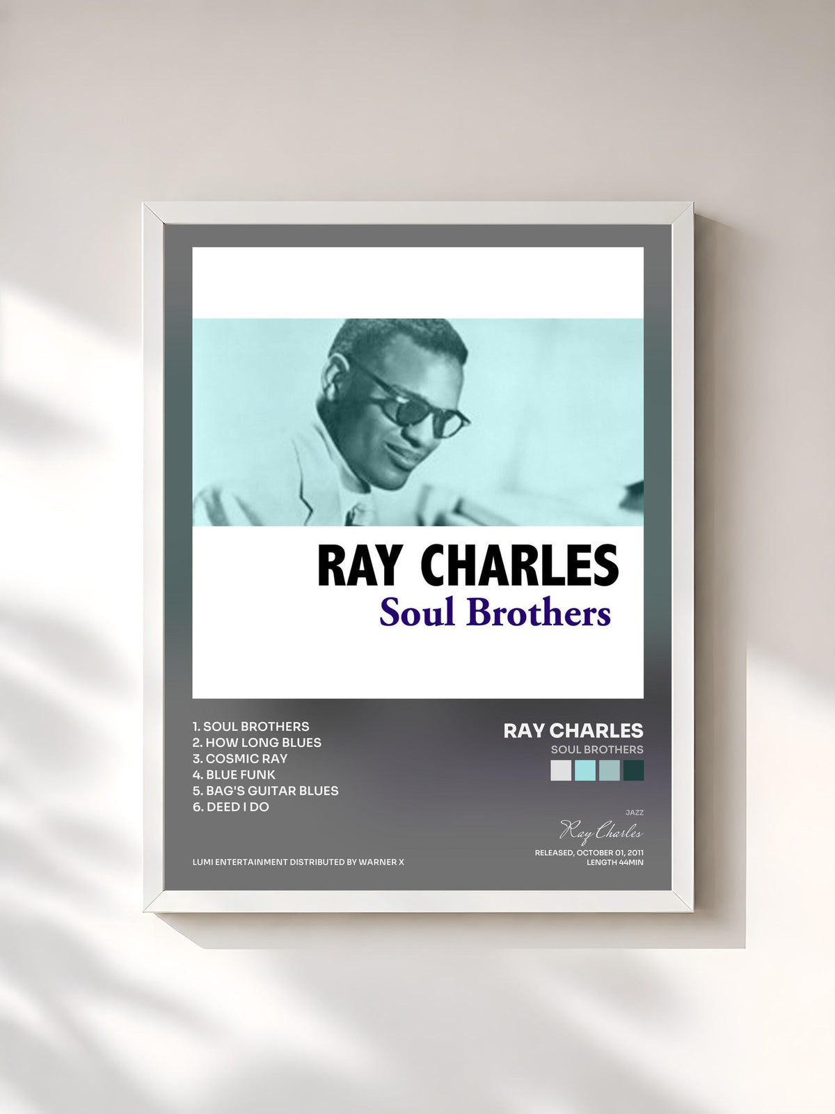 #blanc Tableau de l'album Soul Brothers de Ray Charles, cadre blanc, imprimé et encadré en France