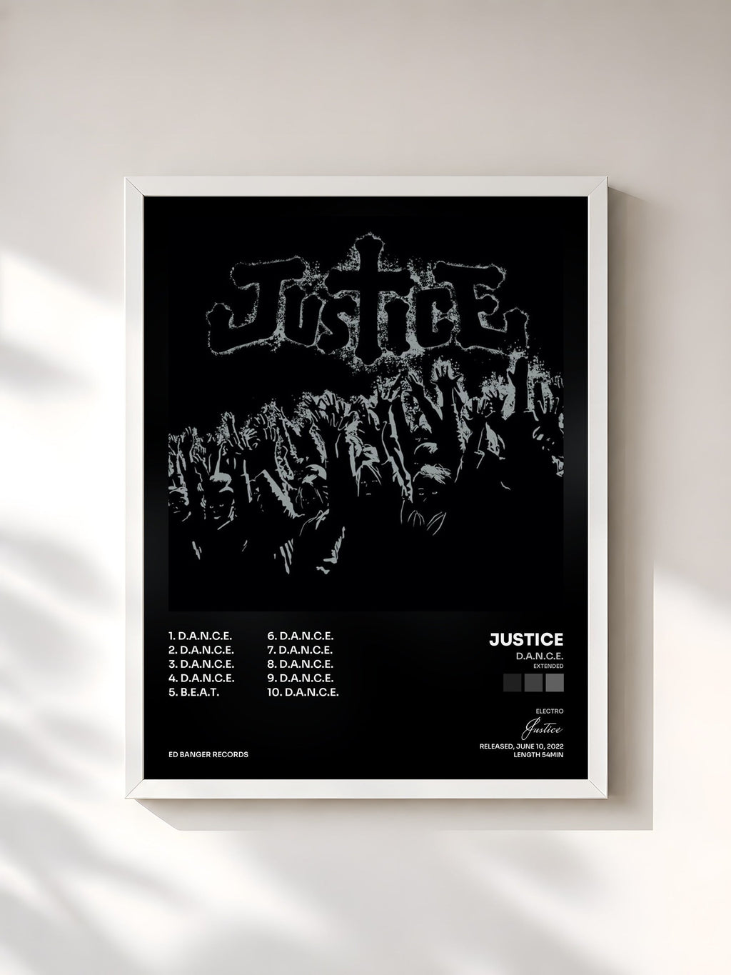 #blanc Tableau de l'album D.A.N.C.E. (Extended) de Justice, cadre blanc, imprimé et encadré en France