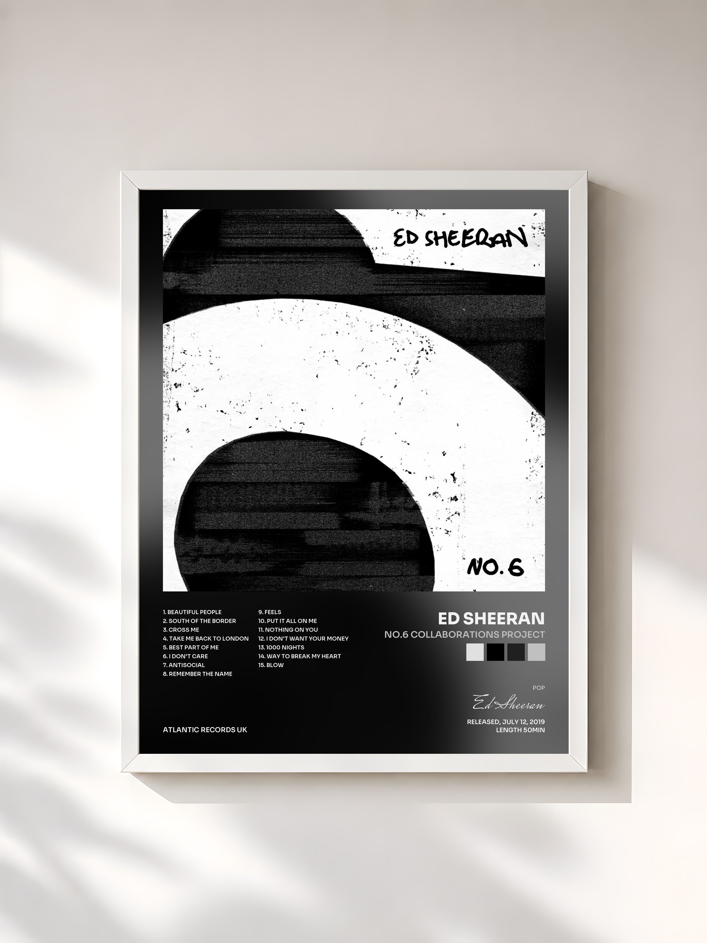 #blanc Tableau de l'album No.6 Collaborations Project de Ed Sheeran, cadre blanc, imprimé et encadré en France